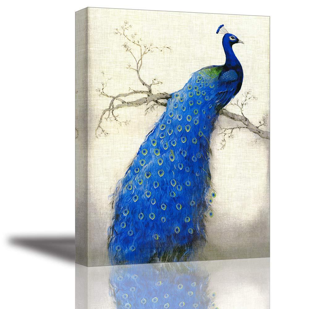 Peacock Wall Art Decor for Bedroom, PIY Beautiful Oil Painting Canvas Prints, Elegant Proud Peacock on Beige Pictures (Waterproof Artwork, Ready to Hang, 16x12)