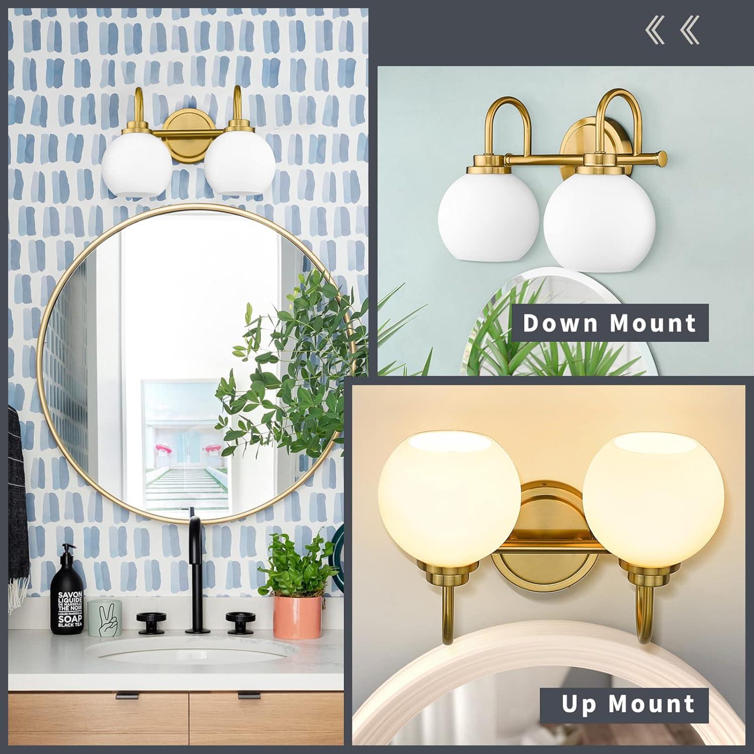 14.17 in. 2-Light Gold Vanity Light with Milk White Glass Shade, Suitable for Bathrooms Dining Room Powder Rooms