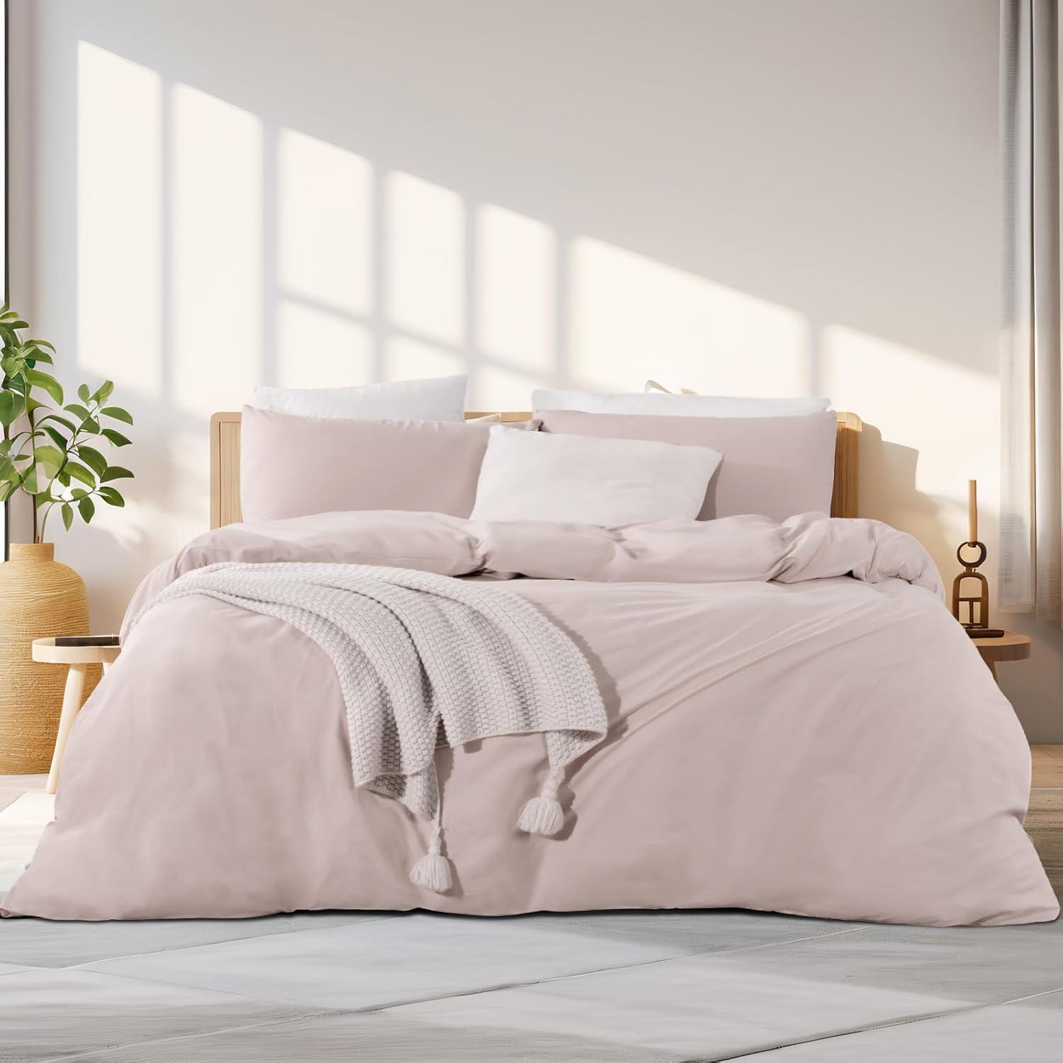 NEXHOME PRO Duvet Cover Set 100% Washed Cotton Oversized Queen 98"x98", Organic Natural Linen Look Textured 3 Pieces Bedding Set Apricot Yellow with Zipper Closure, Breathable, Soft (No Comforter)