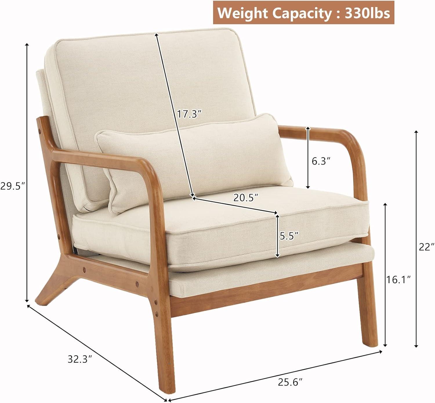 Beige Linen Armchair with Wood Frame and Pillow