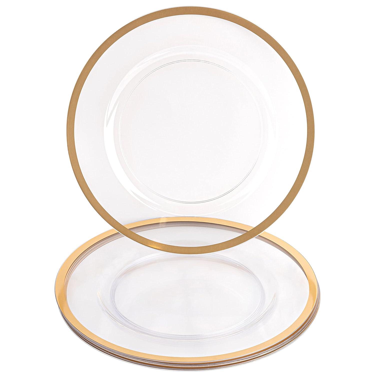 PARTY BARGAINS 13-Inch Charger Plates - 4 Pack, Clear Gold Rim, Heavy-Duty Disposable Chargers for Elegant Dining - Ideal for Weddings and Formal Events