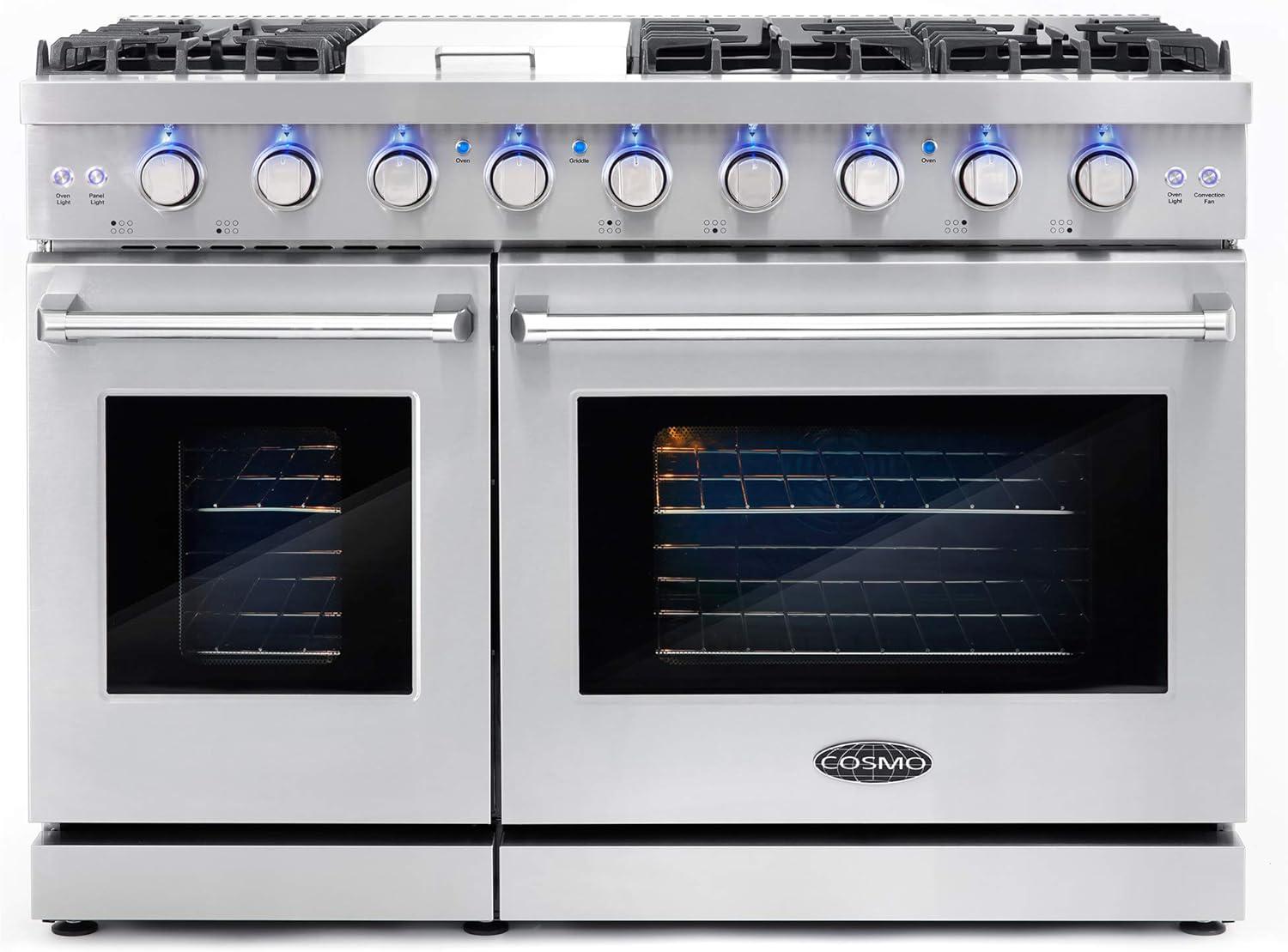 Cosmo 48" Stainless Steel Double Oven Gas Range with Griddle