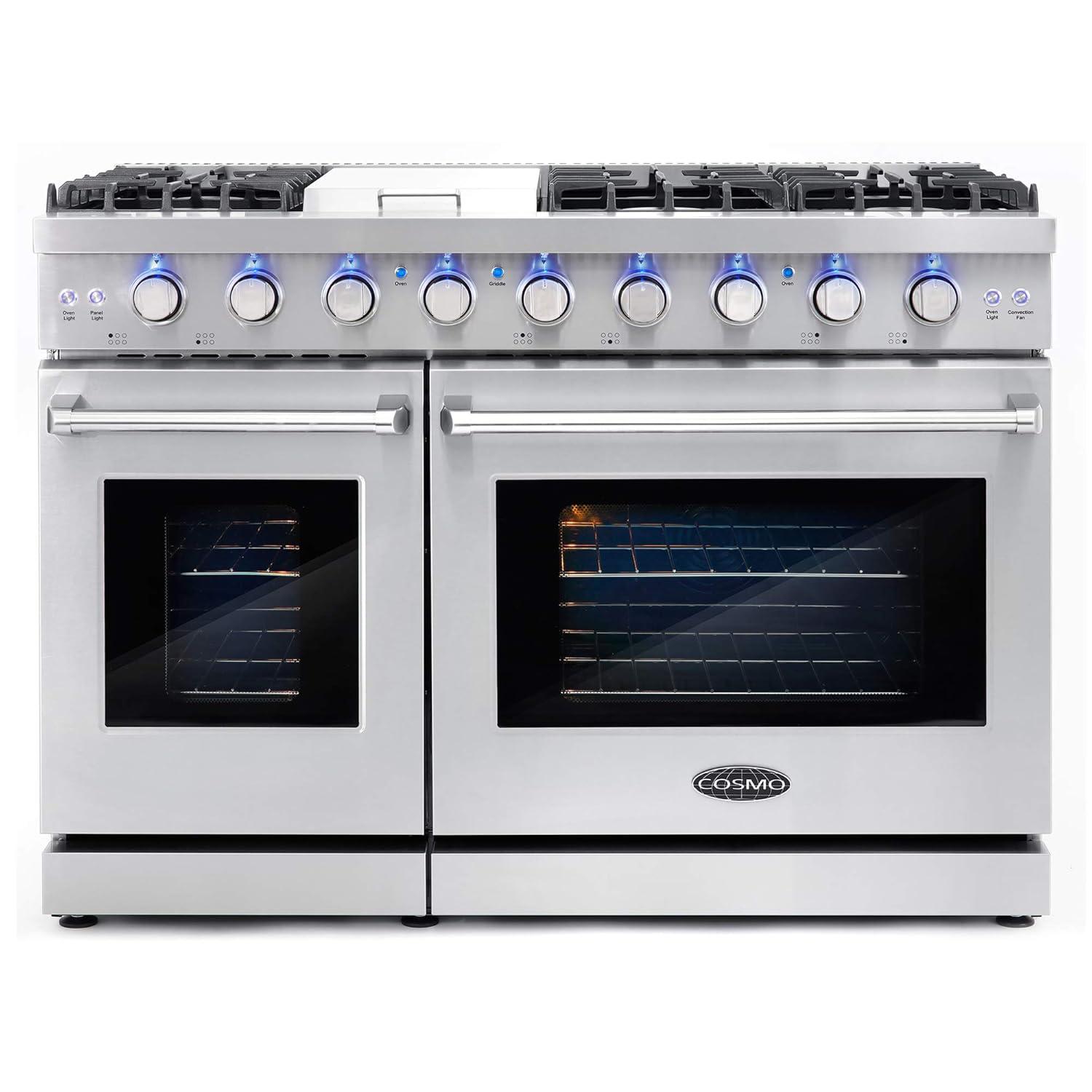 Cosmo 48 in. Haven Collection 7 cu. ft. Double Oven Gas Range, 6 Burners, Griddle, Convection, Knob LEDs, Stainless Steel