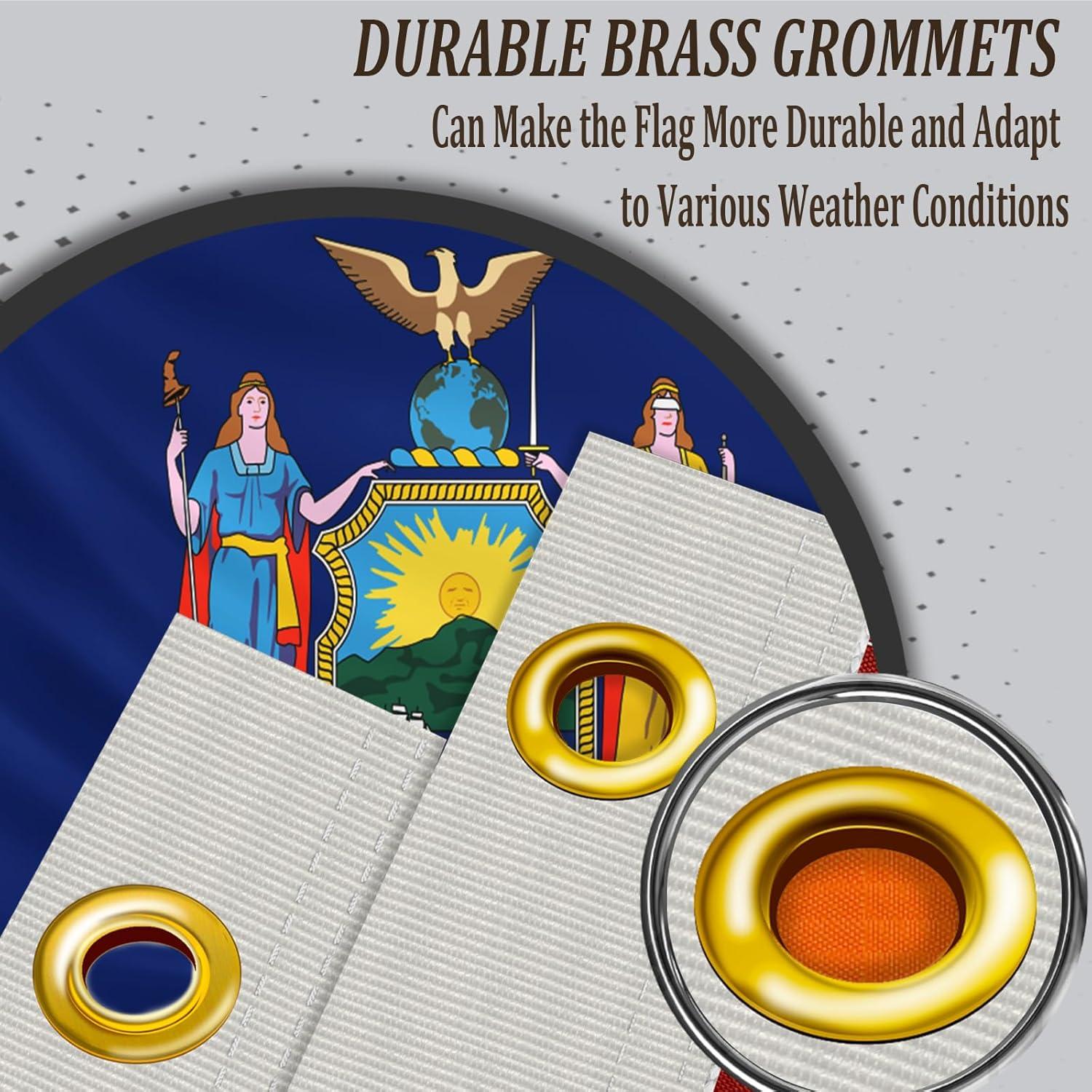 New York State Flag Double Sided 3x5 ft, Heavy Duty 3 Ply Durable Polyester, NY Flag with Vibrant Print/4 Rows Hemming/Brass Grommets