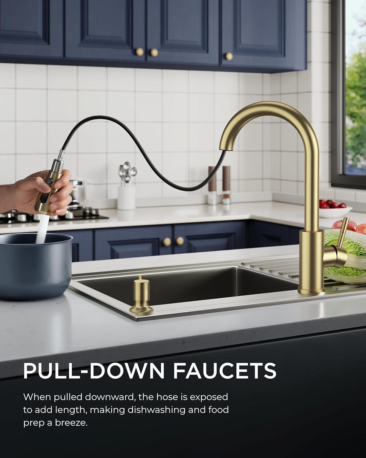 Gold Stainless Steel Pull Down Kitchen Faucet with Soap Dispenser