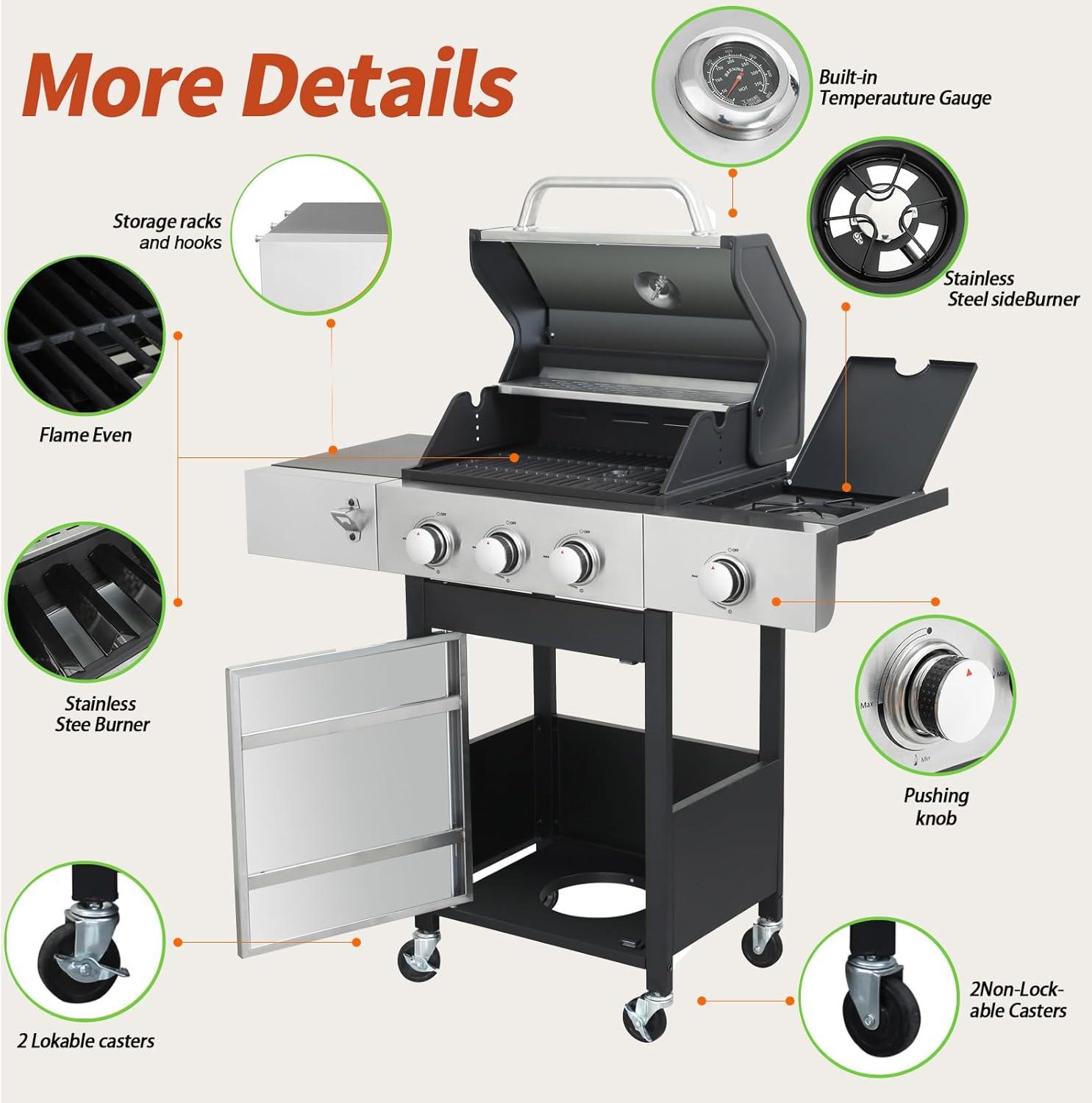 4-Burners Propane Gas Grill with Side Burner & Thermometer, Stainless Steel Propane Grill for Outdoor BBQ and Camping, Patio Backyard Barbecue, 42000 BTU Output