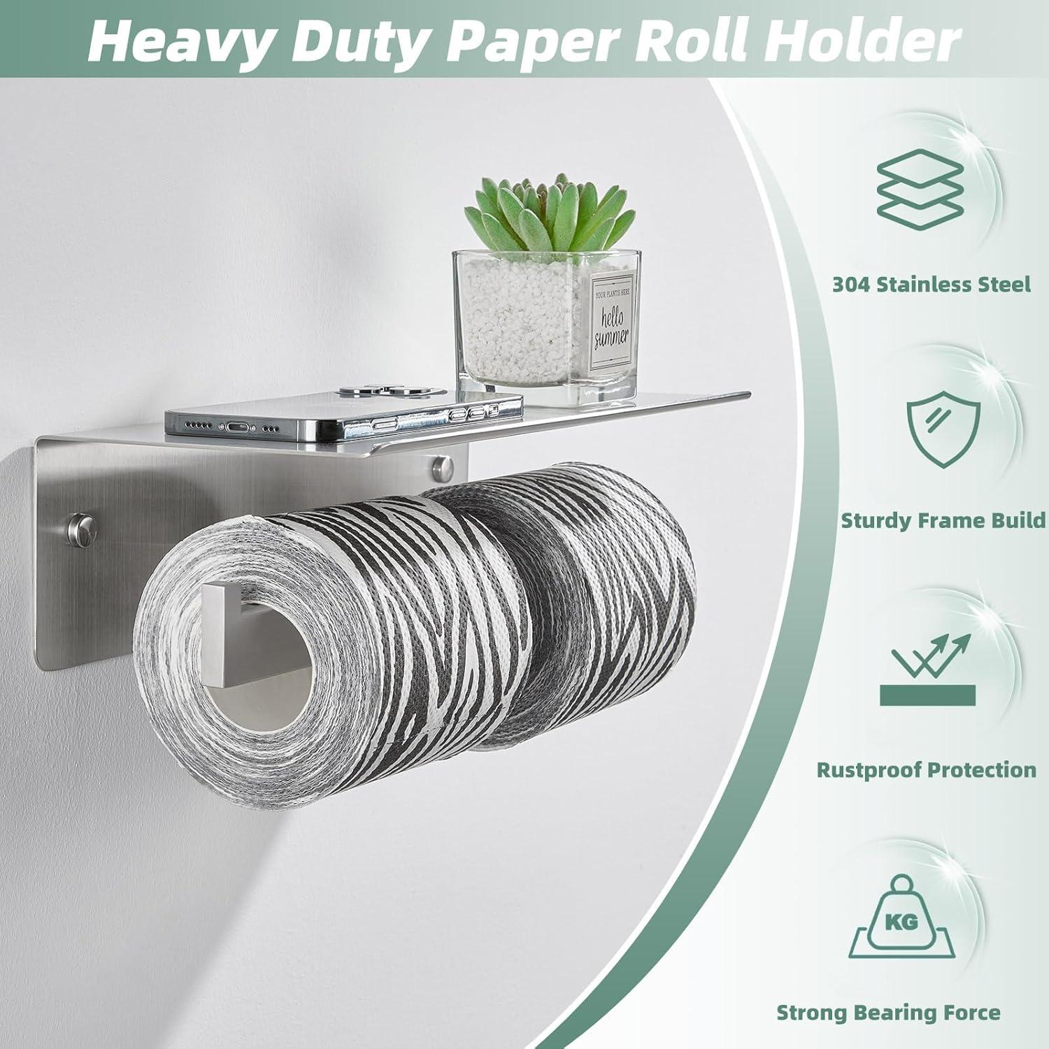Double Toilet Paper Holder with Shelf Brushed Nickel, Modern Bathroom Accessories SUS 304 Stainless Steel Commercial Tissue Roll Dispenser Mobile Phone Storage Rack Handy Use