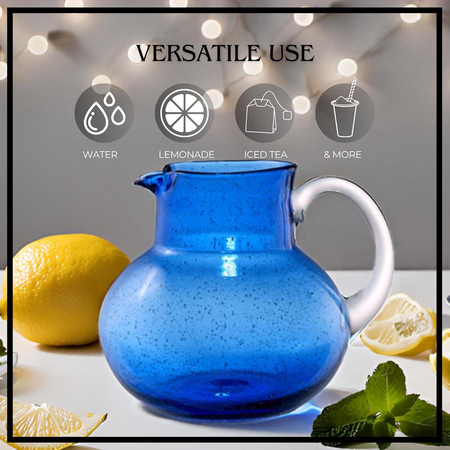 Artland Iris 90 Oz Handblown Glass Pitcher, Bubble Shape, Lead-Free, Versatile Drink Dispenser for Water, Cocktails, Dishwasher Safe - Cobalt Blue