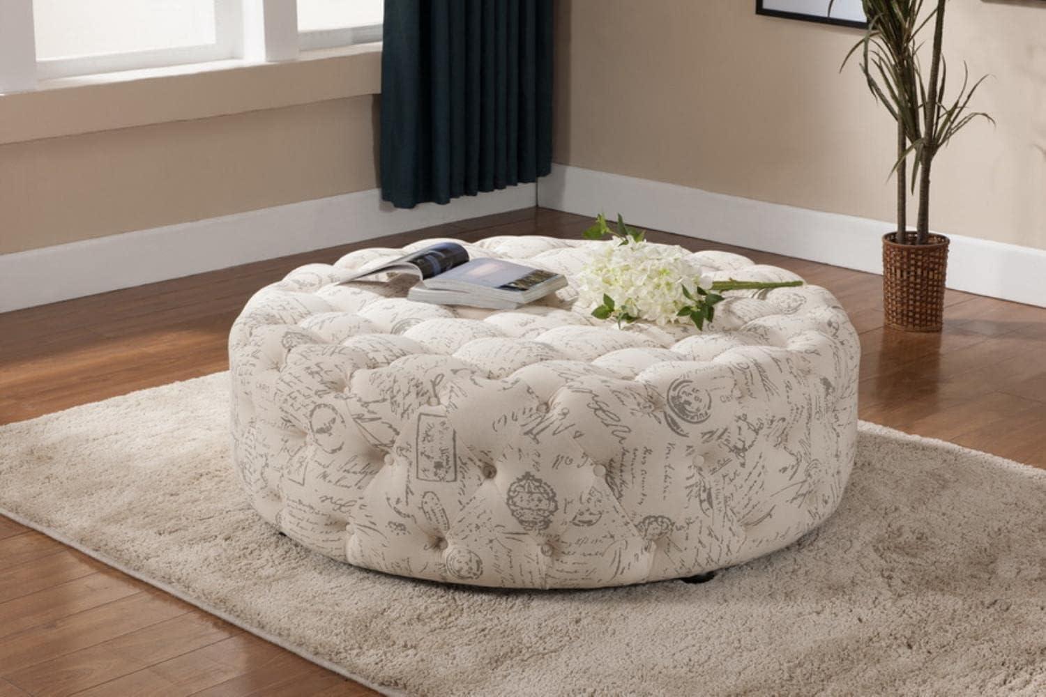 Cardiff Beige Script Print Round Tufted Linen Ottoman