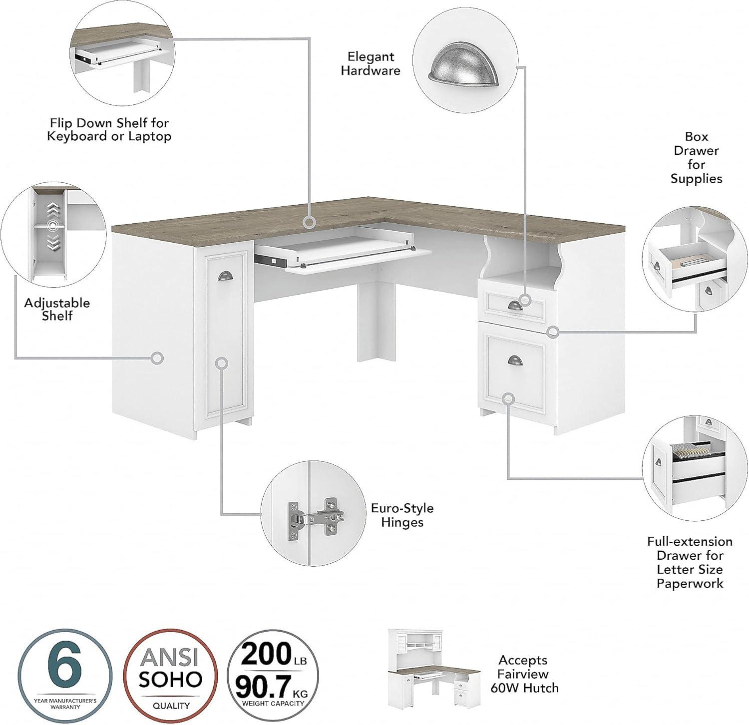 Fairview L Desk 4 Pc Set with Storage in White and Gray - Engineered Wood