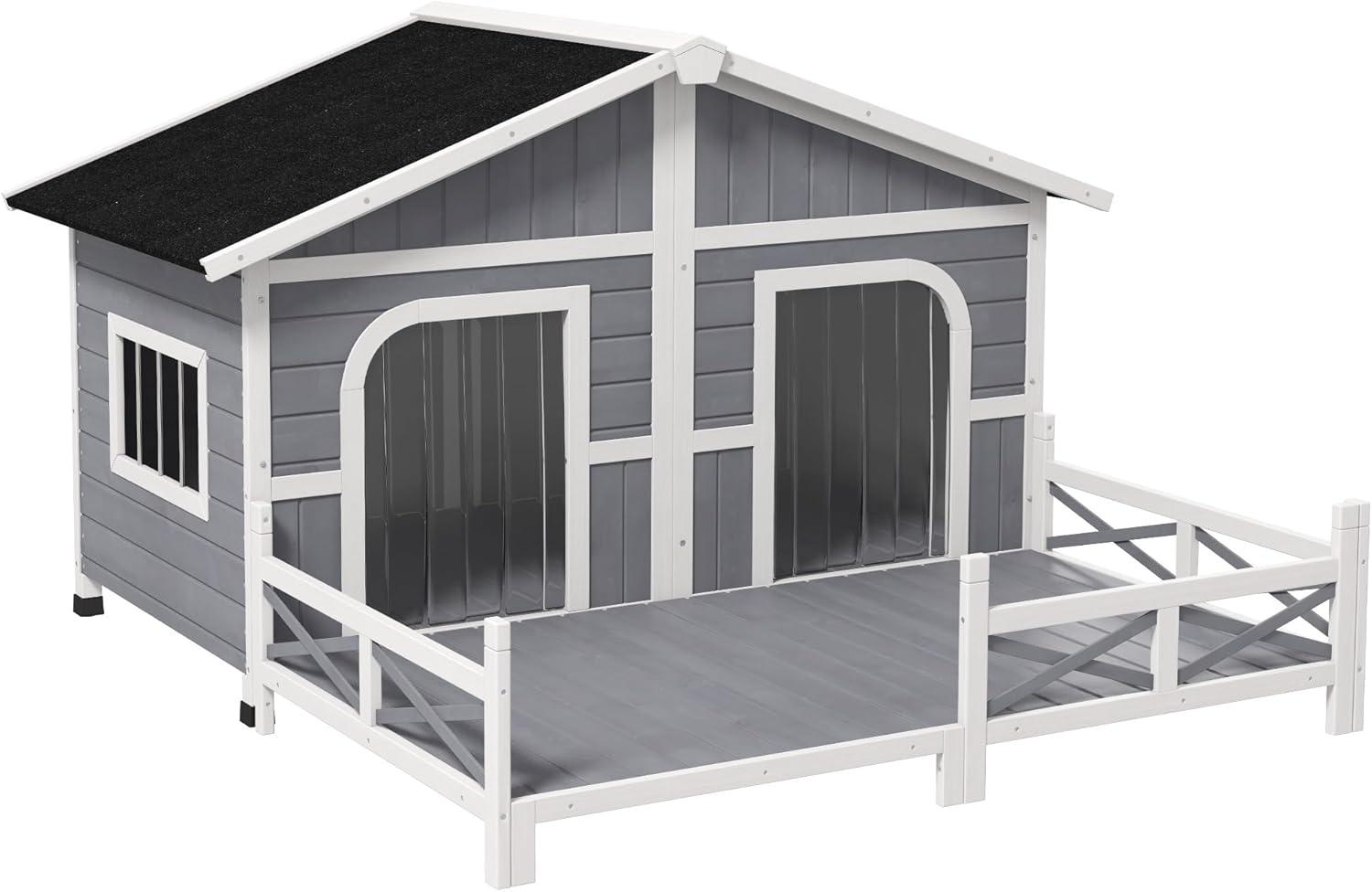 Elevated Large Wooden Dog House with Spacious Sun Deck, Gray