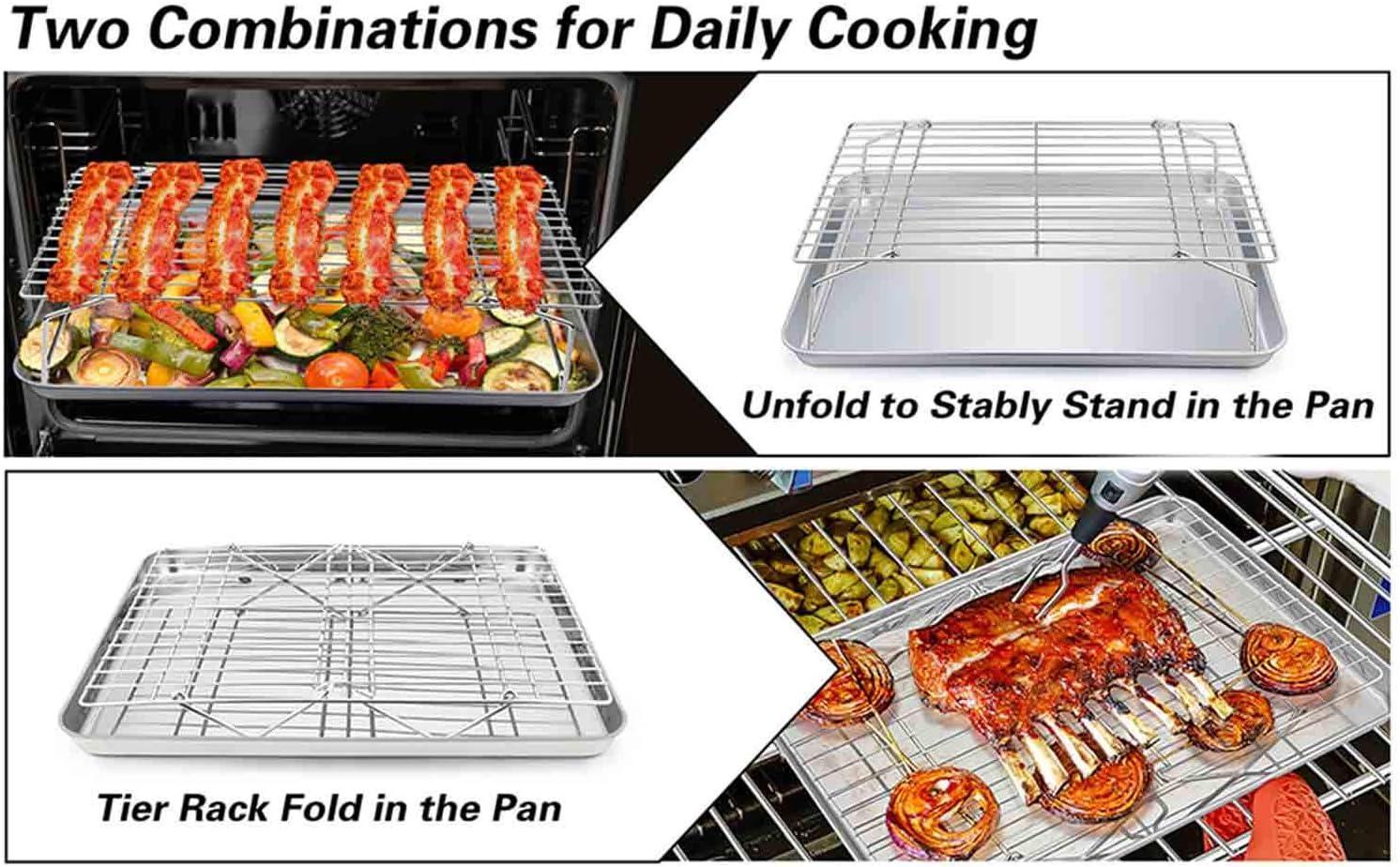 Baking Sheet with Rack Set, E-far Stainless Steel Baking Pans Tray Cookie Sheet with Cooling Rack, 16 x 12 x 1 inch, Non Toxic & Healthy, Rust Free & Dishwasher Safe - 4 Pieces (2 Sheets 2 Racks)