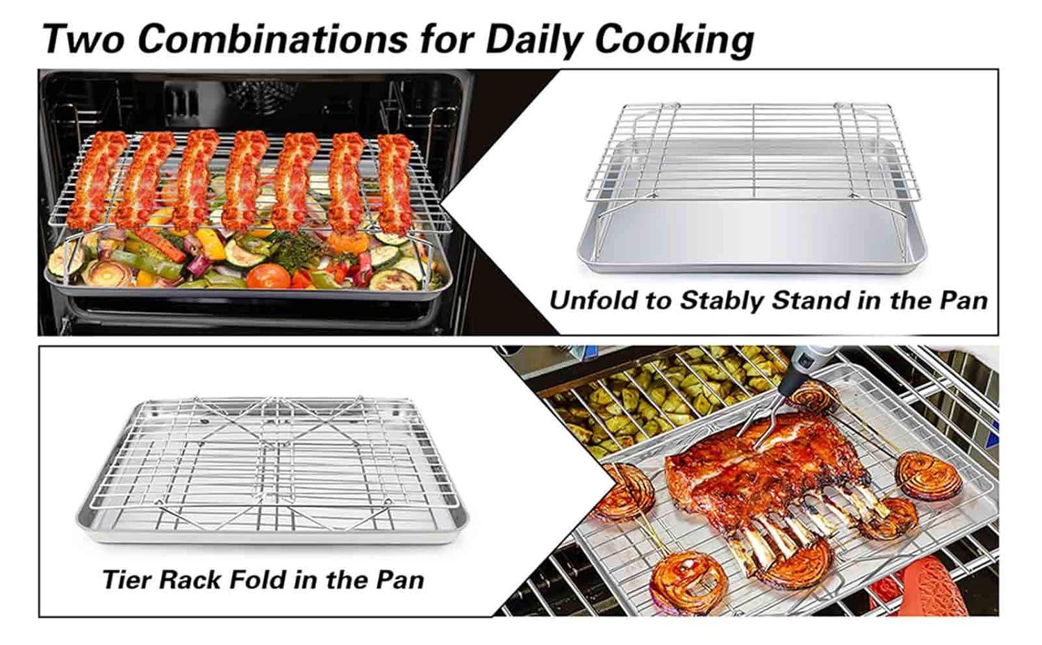 Baking Sheet with Rack Set, E-far Stainless Steel Baking Pans Tray Cookie Sheet with Cooling Rack, 16 x 12 x 1 inch, Non Toxic & Healthy, Rust Free & Dishwasher Safe - 4 Pieces (2 Sheets 2 Racks)