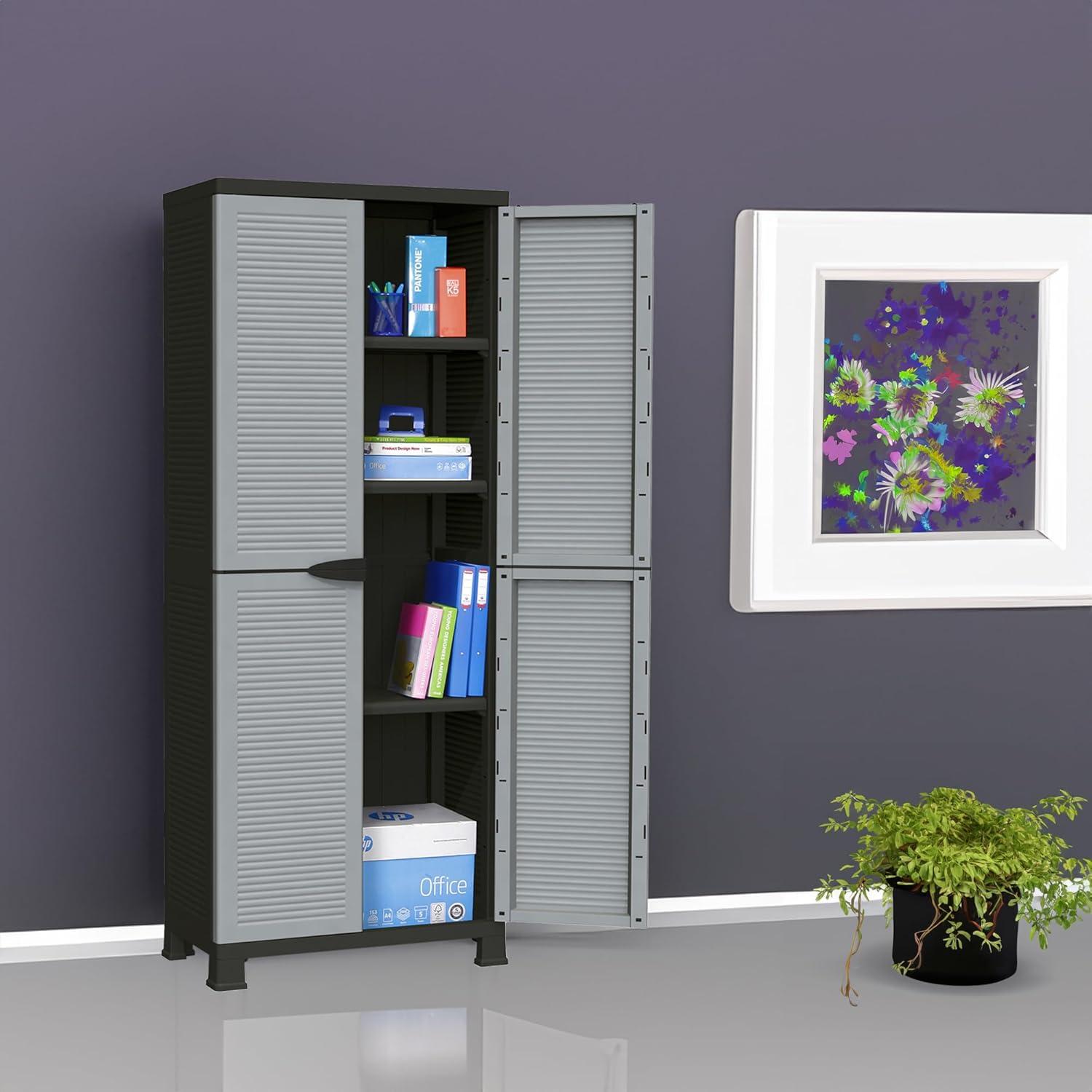 RAM Quality Products PRESTIGE UTILITY Indoor Outdoor Tool Storage Organizing Cabinet with Lockable Double Grey Doors