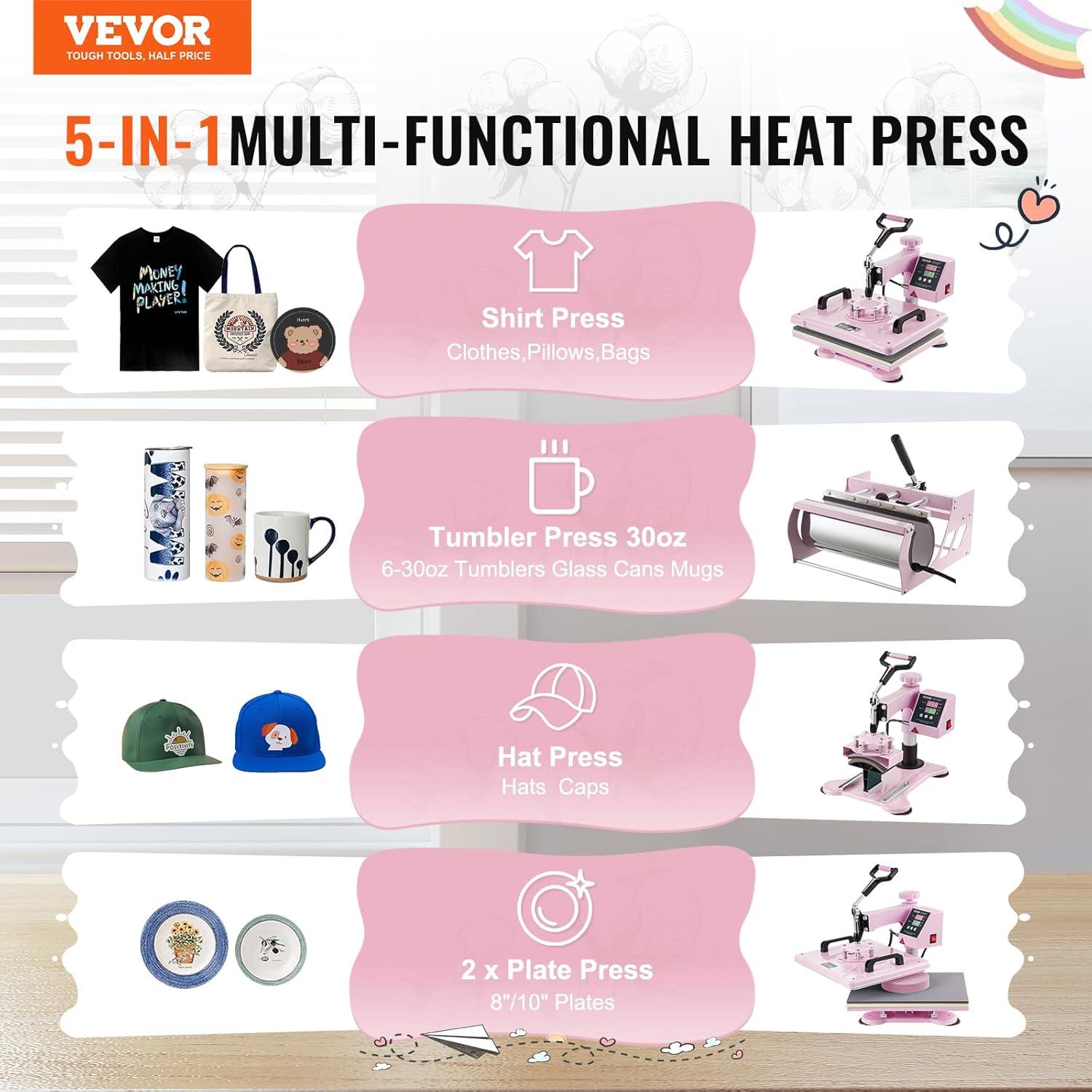 VEVOR Heat Press Machine 15x15 inch, Heat Press Machine for T-Shirts, 5 in 1 Heat Press with 30 OZ Tumbler Press, Combo Tumbler Heat Press Machine Sublimation for Hat Cap Mug Plate, Pink