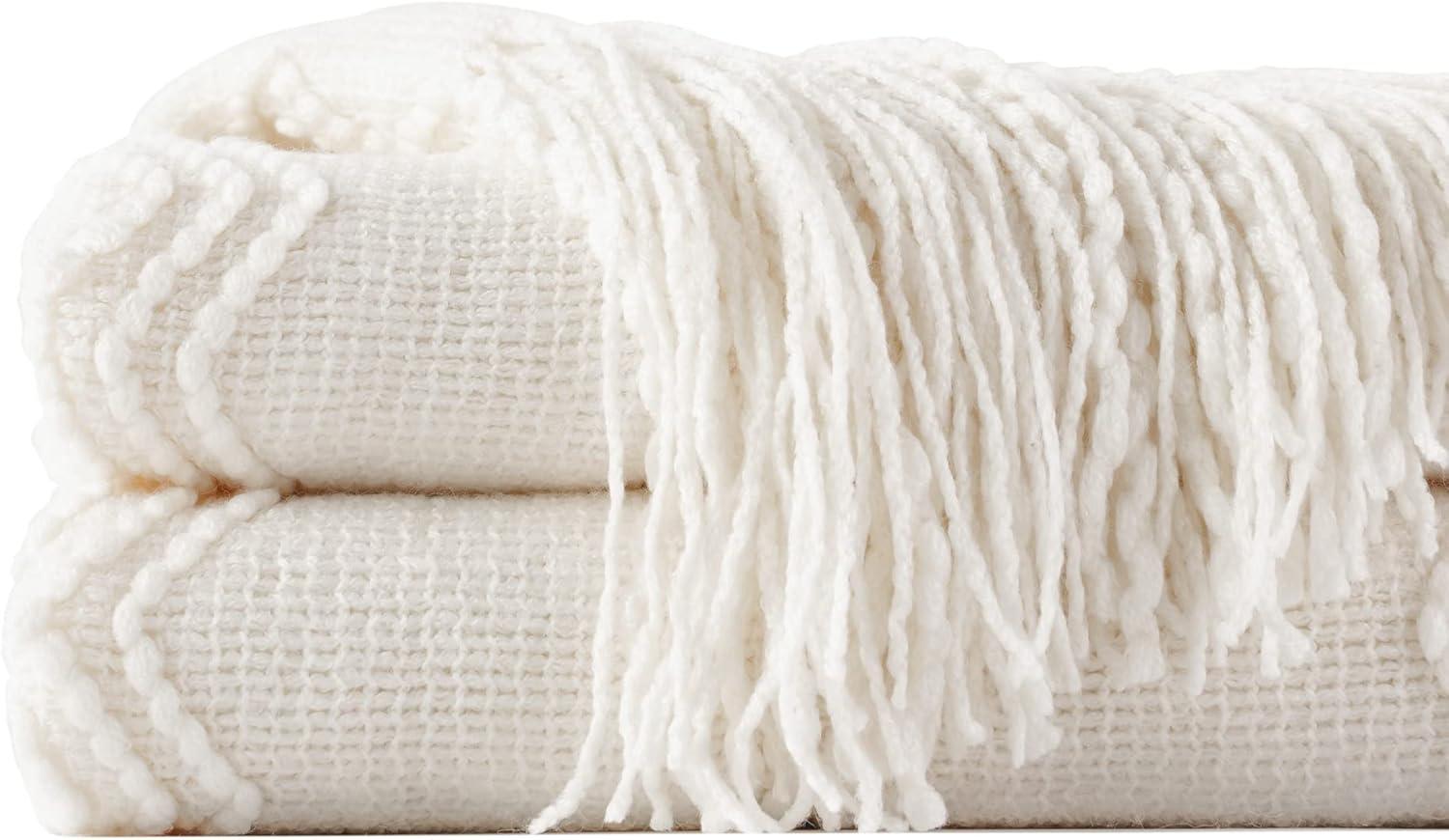 Cream Knitted Acrylic Throw Blanket with Tassels, 50"x60"