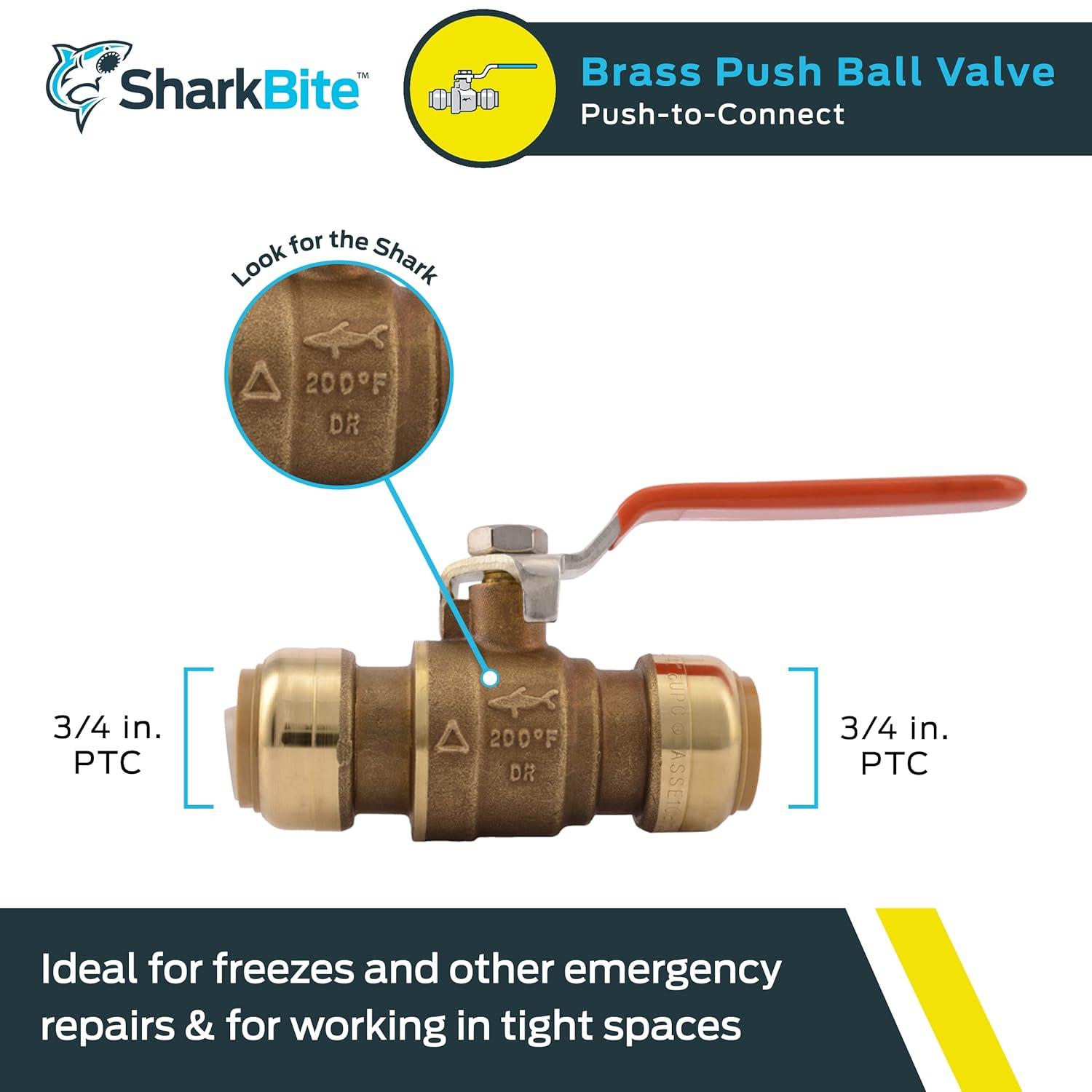 SharkBite 22185-0000LF Ball Valve 3/4 in Push-Fit x 3/4 in Push-Fit 2 Ports/Ways Brass