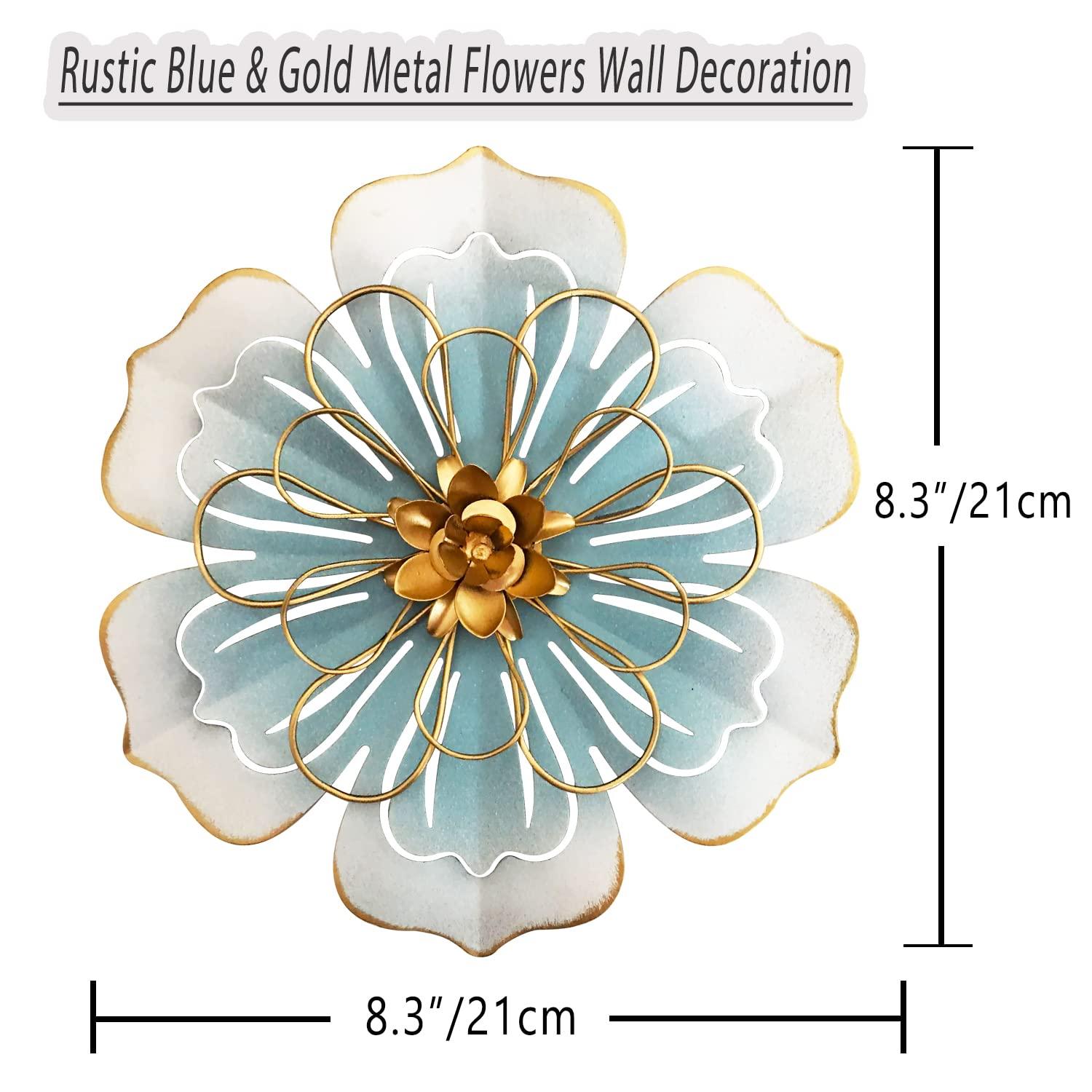Reflinto Metal Flower Wall Decor, Modern Iron Floral Wall Art Sculpture Farmhouse Hanging Decoration for Home Living Room, Bathroom, Kitchen, indoor, Patio Porch - Blue, 9.5"…