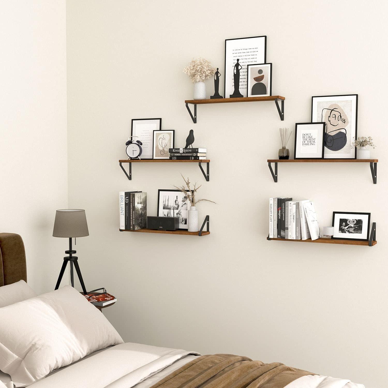 Walnut and Black Metal Floating Wall Shelves, Set of 5