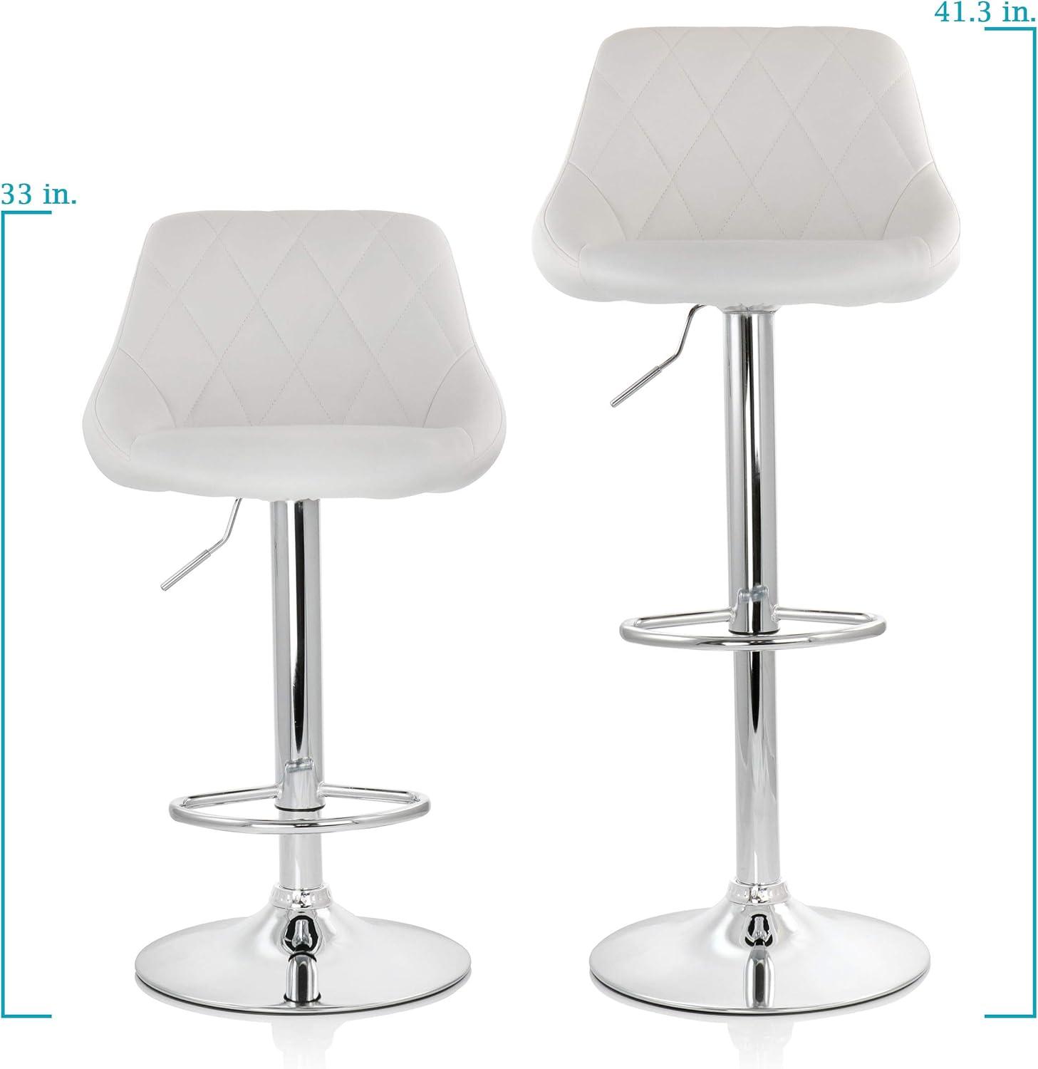 Elama 2 Piece Diamond Stitched Faux Leather Bar Stool in White with Chrome Base  and Adjustable Height