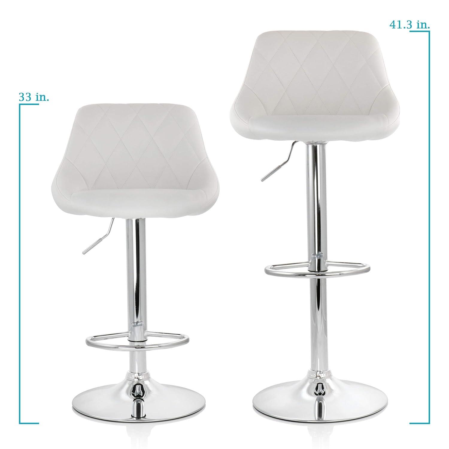 Elama 2 Piece Diamond Stitched Faux Leather Bar Stool in White with Chrome Base  and Adjustable Height