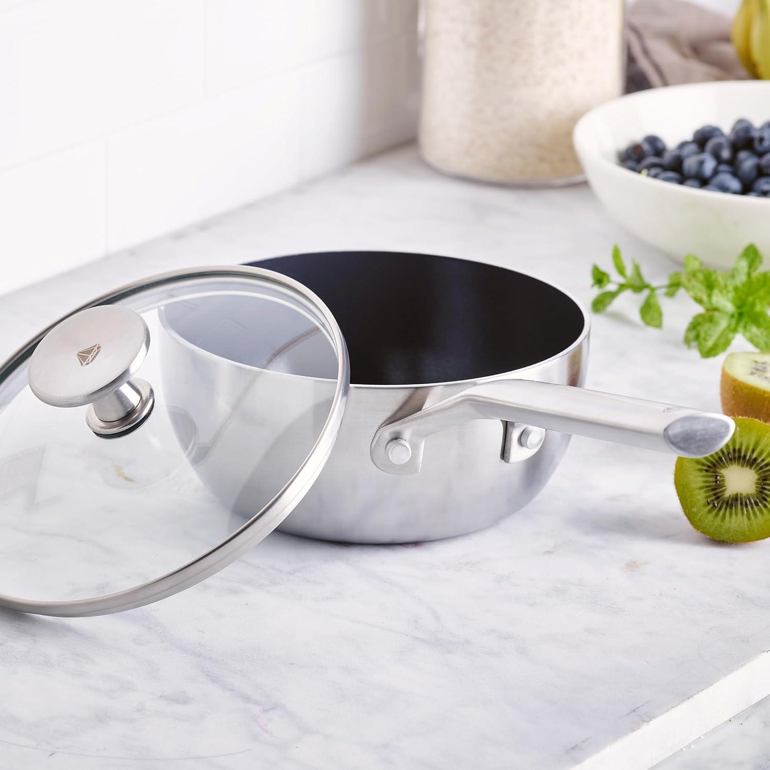 Blue Diamond Blue Diamond Cookware Tri-Ply Stainless Steel Ceramic Nonstick, 2.5QT Chef Saute Pan With Lid, PFAS-Free, Multi Clad, Induction, Dishwasher Safe, Oven Safe, Silver