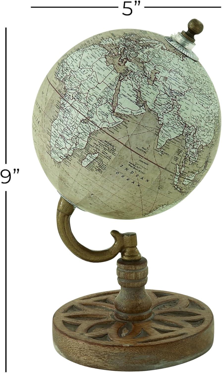 Beige Carved Wood Globe with Detailed Illustrations