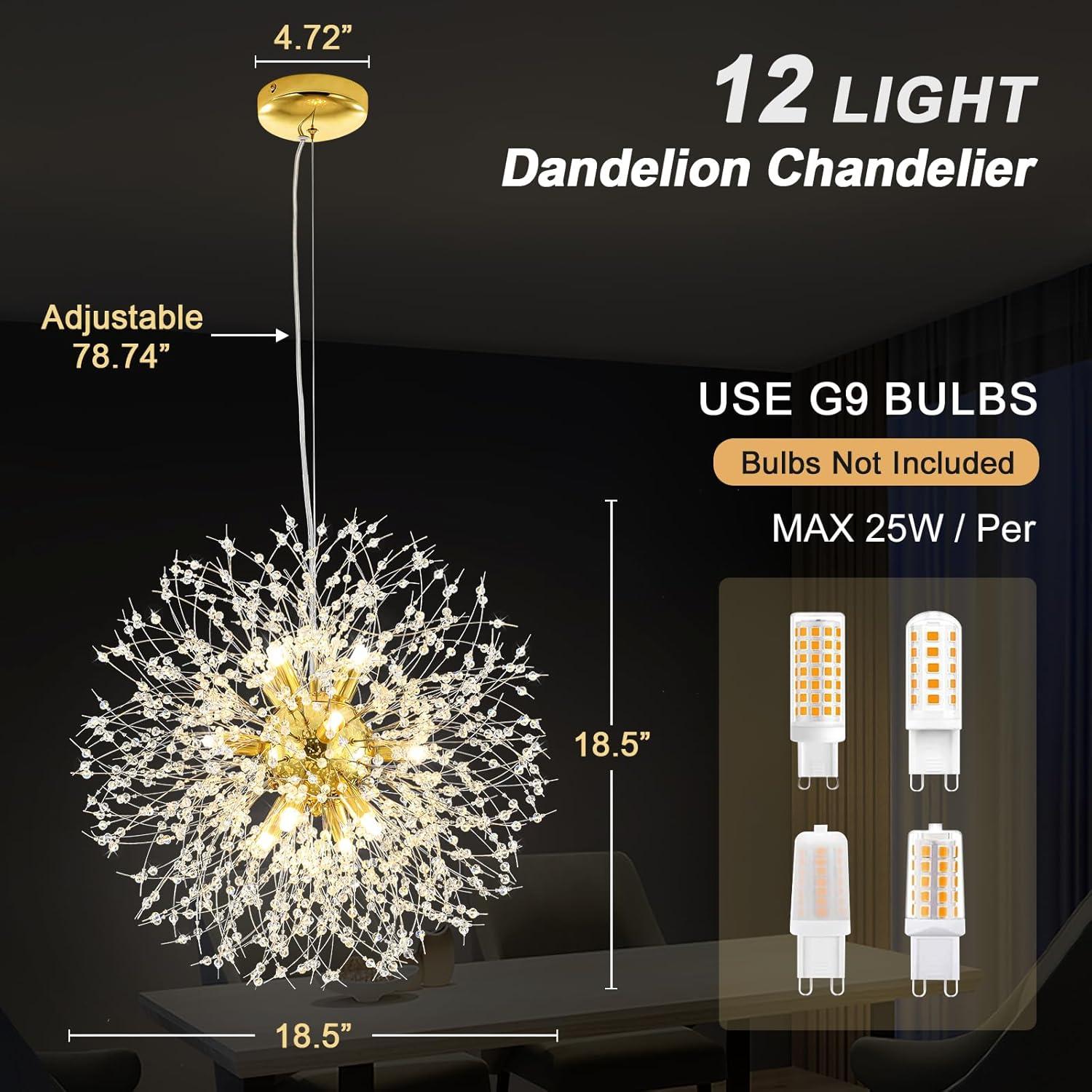 Mercer41 Modern Gold Crystal Chandelier With 12-Light Firework Design, Adjustable Dandelion Pendant Lighting For Dining Room, Living Room, Bedroom, Kitchen, And Hallway