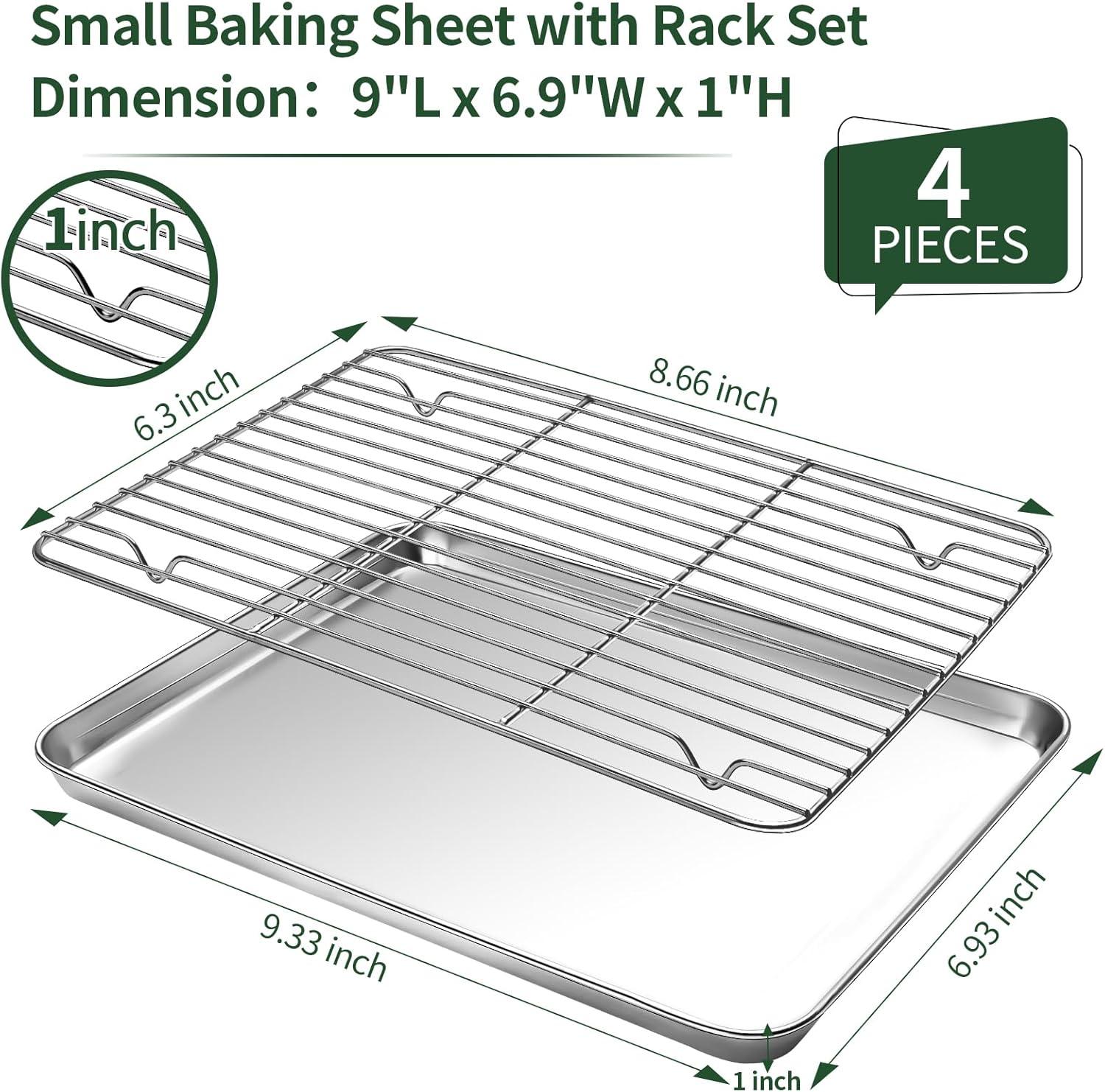 Baking Sheet with Rack Set [2 Pans + 2 Racks ] HKJ Chef Stainless Steel Cookie Sheet Baking Pan Tray with Cooling Rack, Size 9x7x1 Inch, Non Toxic & Heavy Duty & Easy Clean