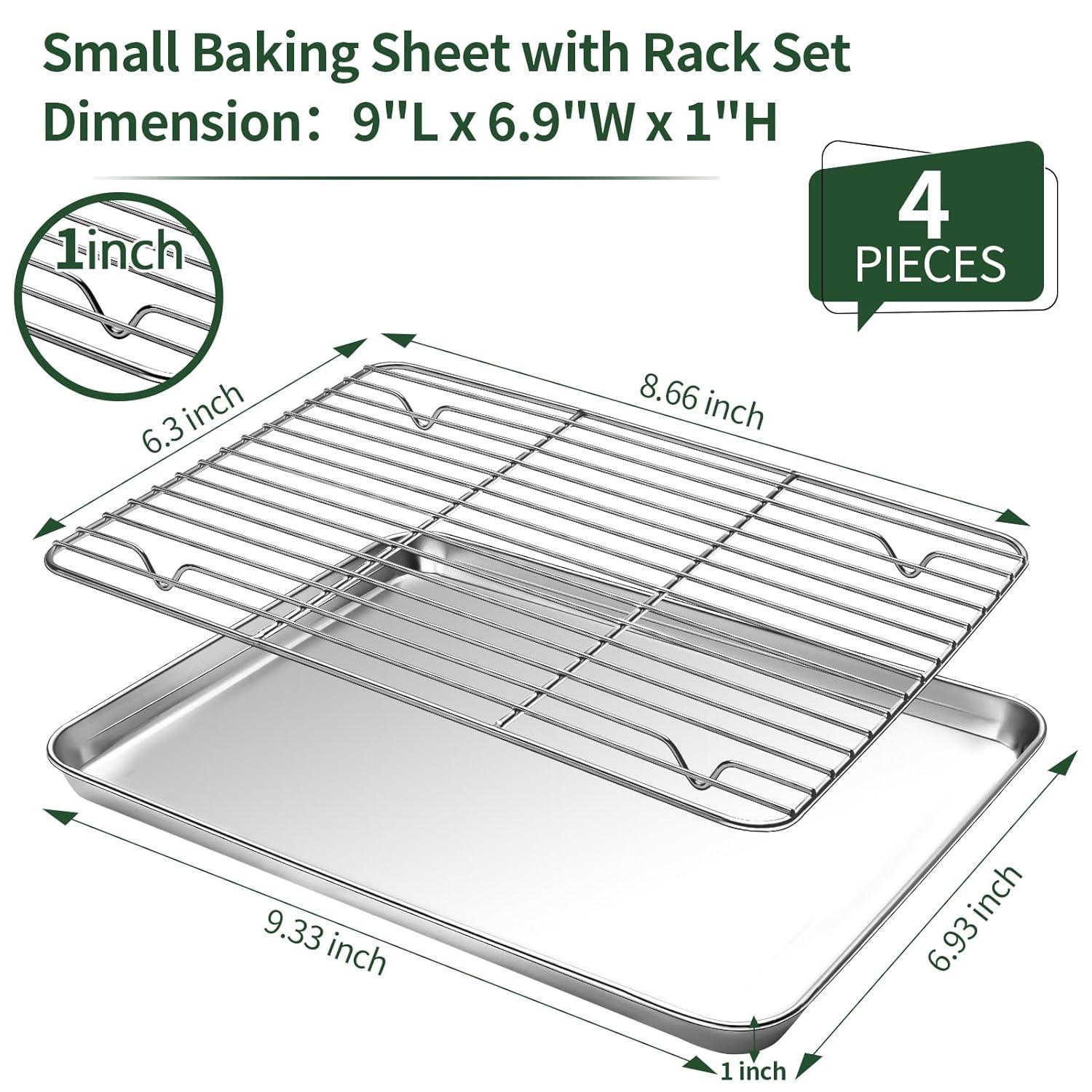 Baking Sheet with Rack Set [2 Pans + 2 Racks ] HKJ Chef Stainless Steel Cookie Sheet Baking Pan Tray with Cooling Rack, Size 9x7x1 Inch, Non Toxic & Heavy Duty & Easy Clean