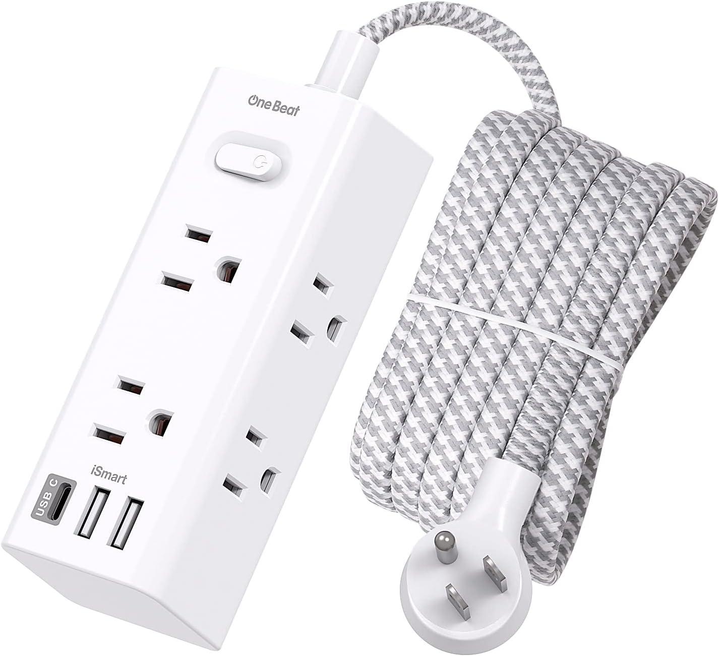 White 10 ft Power Strip with 6 Outlets and 3 USB Ports