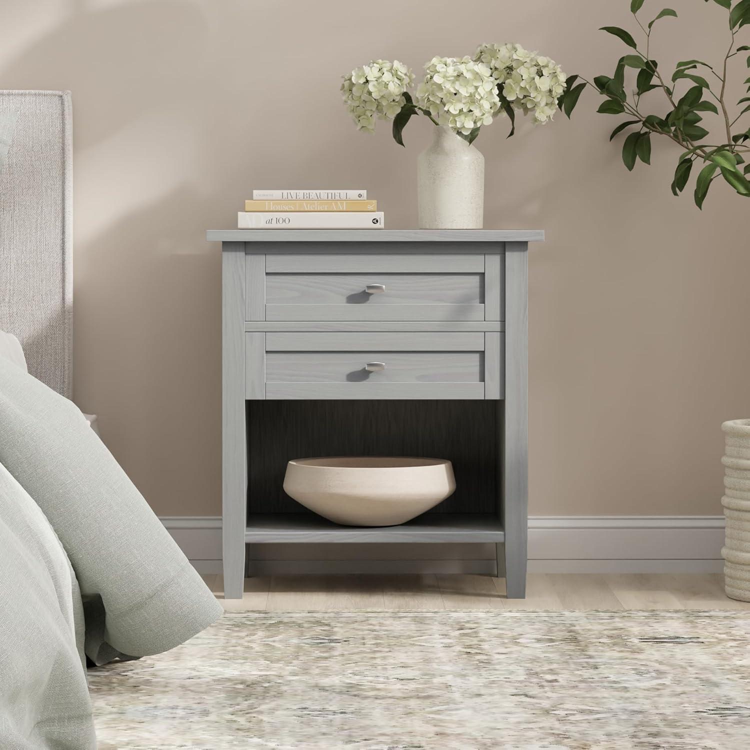 Fog Grey Solid Wood 2-Drawer Nightstand with Open Shelf