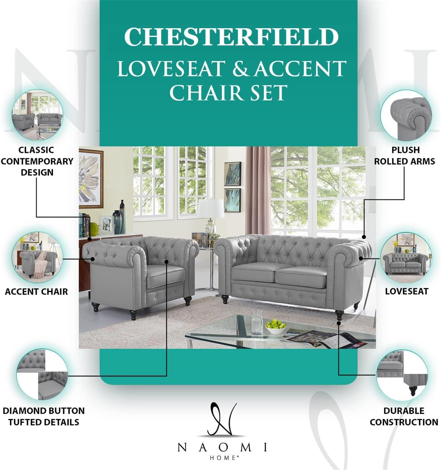 2 Piece Living Room Set, Faux Leather Chesterfield Loveseat & Chair, Deep Button Tufted with Rolled Arms, Home Furniture - Include 3-Seater Couch and Single Chair, White