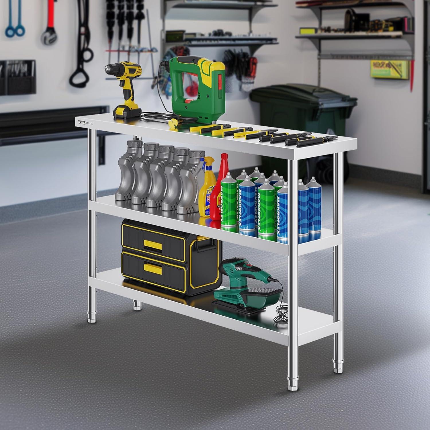 VEVOR Stainless Steel Food Prep Table, 14 x 48 x 34 Inch Commercial Kitchen Worktable, with 2 Adjustable Undershelf, Heavy Duty Prep Metal Work Tables for BBQ, Kitchen, Home, and Garage
