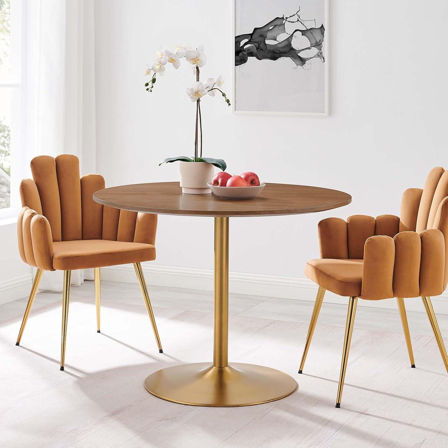 Gold Walnut Round Mid-Century Modern Dining Table