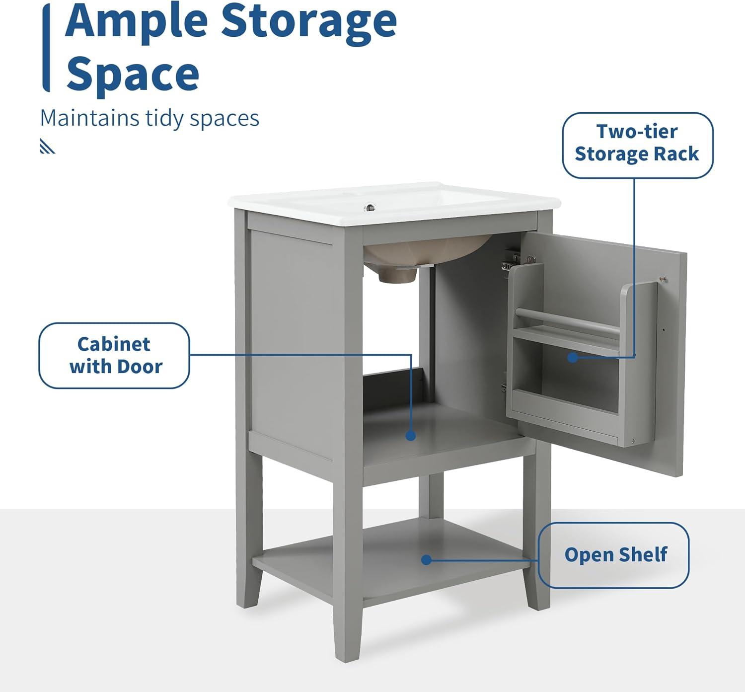 Bellemave 20" Small Bathroom Vanity with Sink, Modern Bathroom Storage Cabinet with Door and Storage Rack, Free Standing Single Basin Vanity with Open Shelf, Undermount Ceramic Sink（Grey）