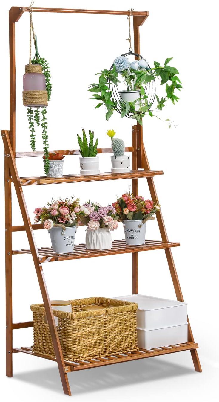 MoNiBloom Bamboo 3 Tier Plant Stand Triangular Flower Pot Holder With Hanging Basket