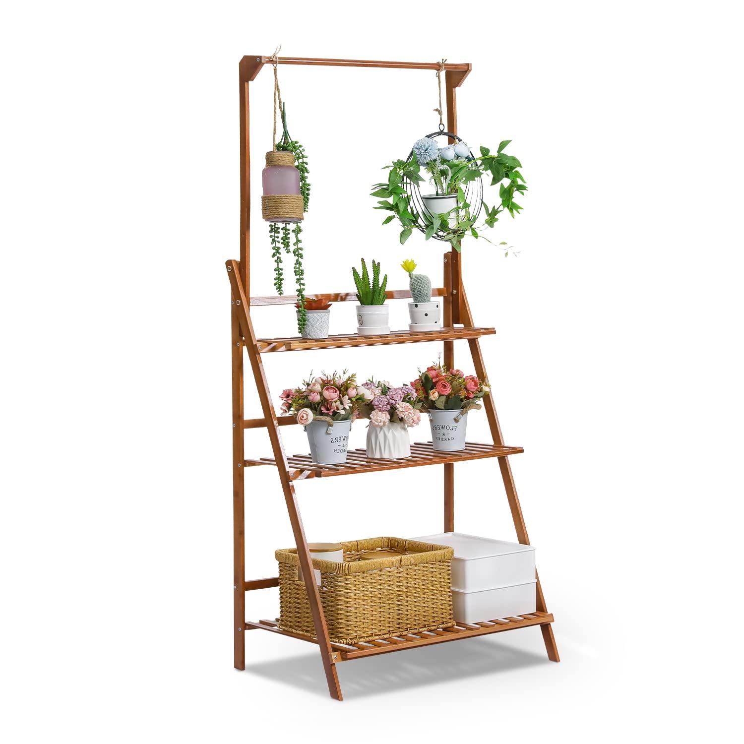 MoNiBloom Bamboo 3 Tier Plant Stand Triangular Flower Pot Holder With Hanging Basket