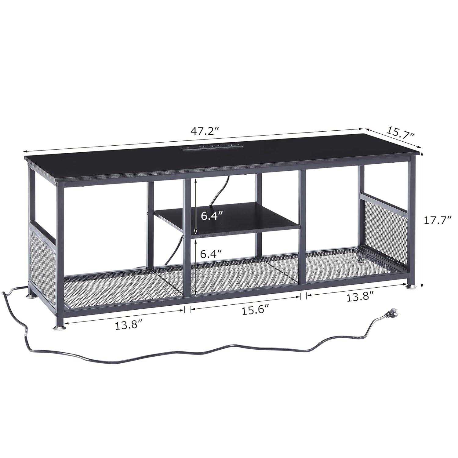 VECELO TV Stand with Power Outlets for Televisions up to 55 Inch, 47" Media Entertainment Center with Charging Station 3-Tier Open Storage Shelves with Metal Frame for Living Room/Bedroom，Black