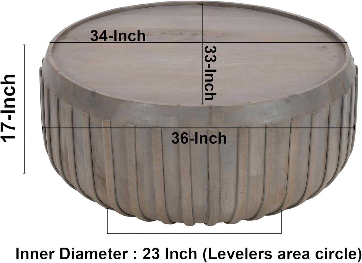 The Urban Port 36" Coffee Table Handcrafted Drum Shape with Ribbed Edges Gray Mango Wood Gray