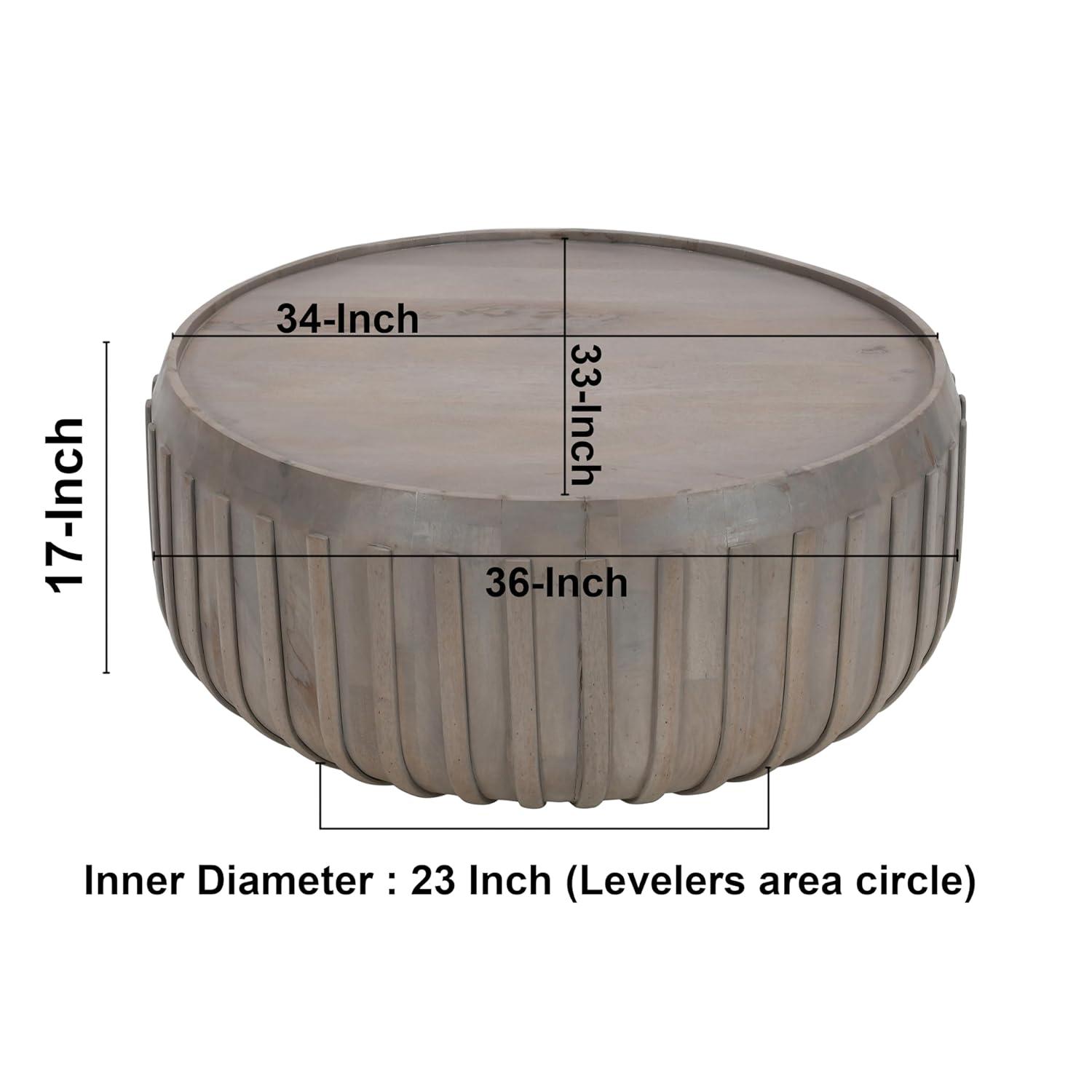 The Urban Port 36" Coffee Table Handcrafted Drum Shape with Ribbed Edges Gray Mango Wood Gray