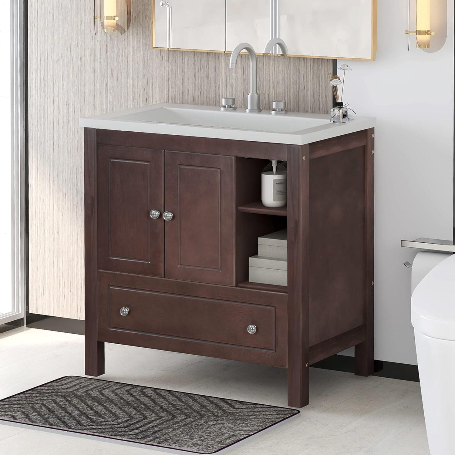 30" Brown Solid Wood Bathroom Vanity with Ceramic Sink