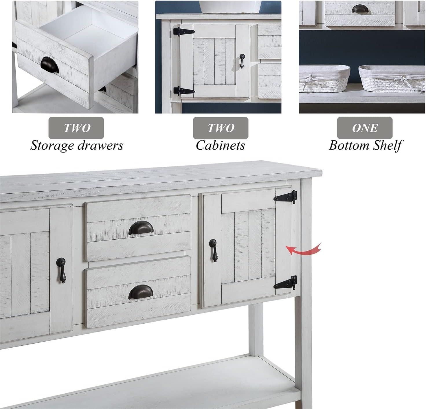 48" Solid Wood Buffet Sideboard,Farmhouse Console Table with Bottom Shelf,Retro-Style Storage Cabinet for Entryway,Living Room,Dining Room,Kitchen,Antique White