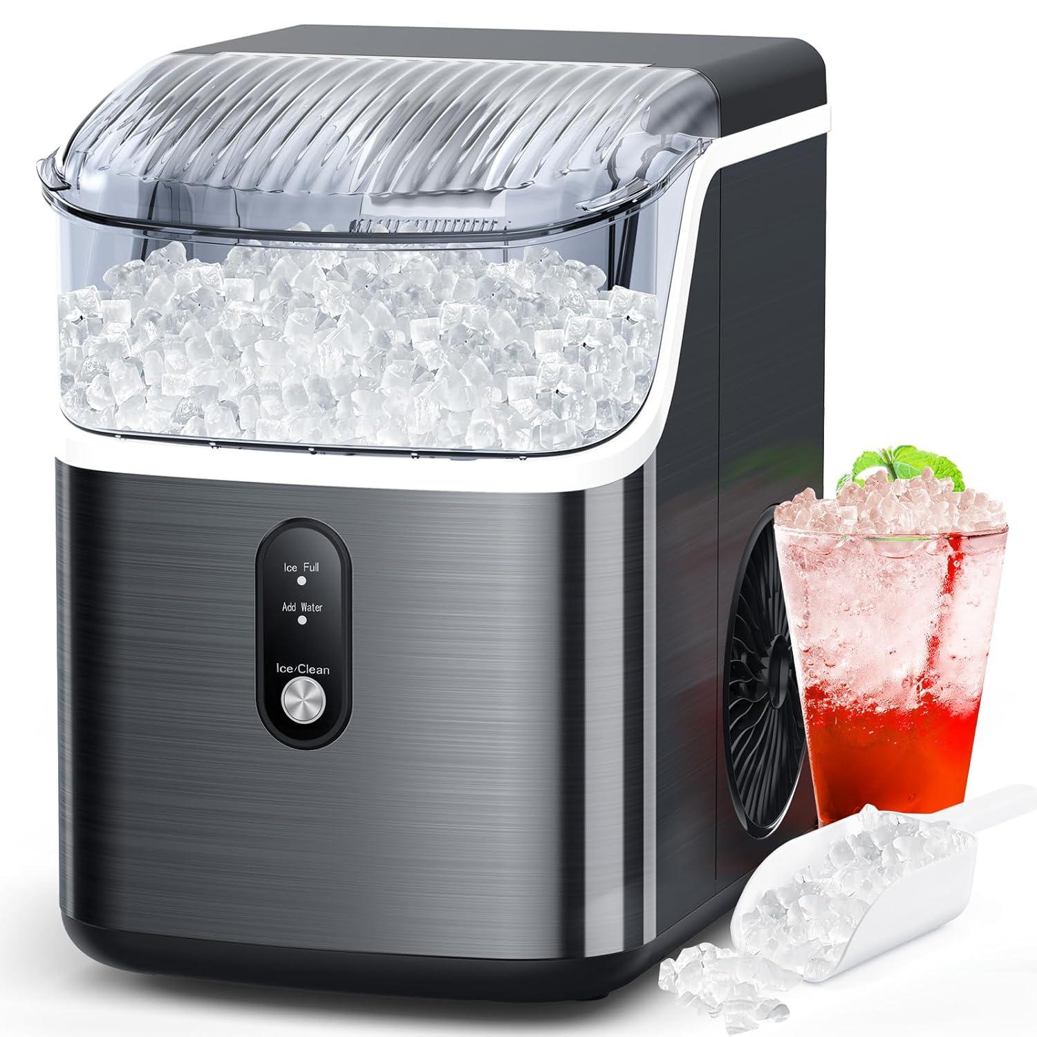 Compact Black Stainless Steel Nugget Ice Maker with Scoop