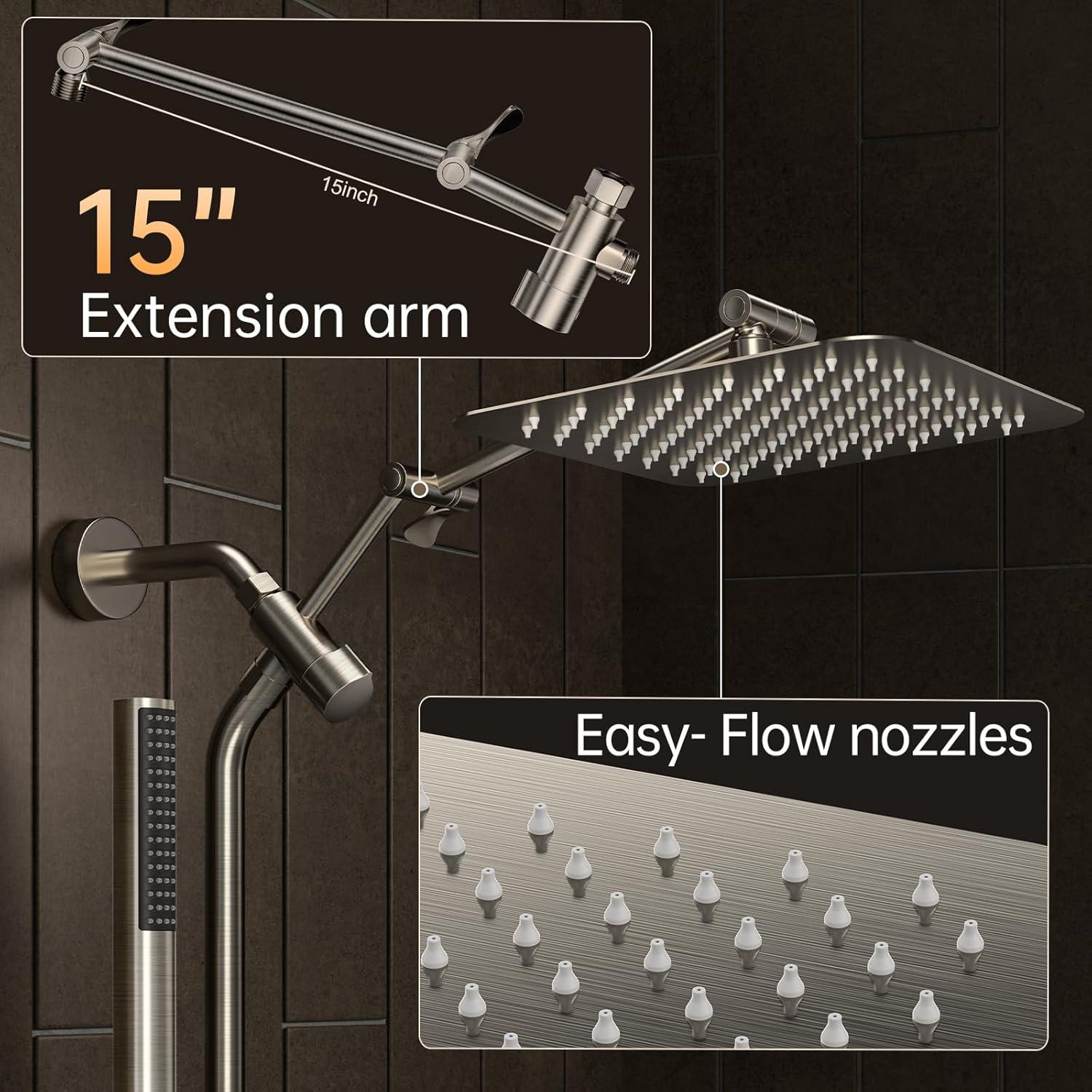 Veken Brushed Nickel Shower Head, 10'' All Metal Rain Shower Heads with Handheld Spray Combo, Hand Held Bathroom Combo with Extension Arm, Dual shower with Power Wash, Adjustable Rainfall Showerhead