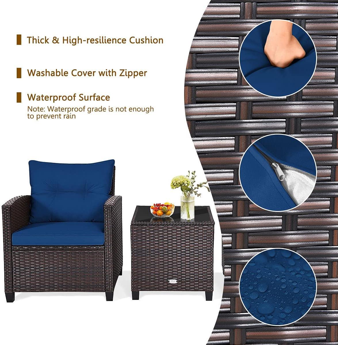 Outdoor 3-piece Cushioned Rattan Patio Furniture Conversation Set Navy