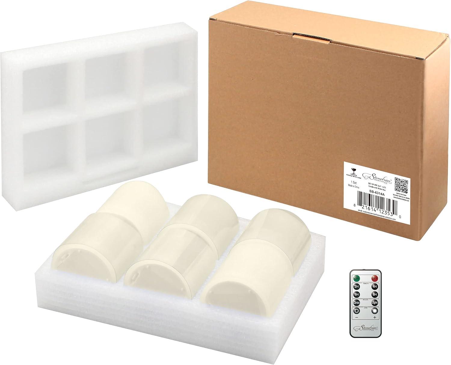 Stonebriar Flameless LED 3"x 4" off-White Real Wax Pillar Candle with Timer and Remote, 6 Pack