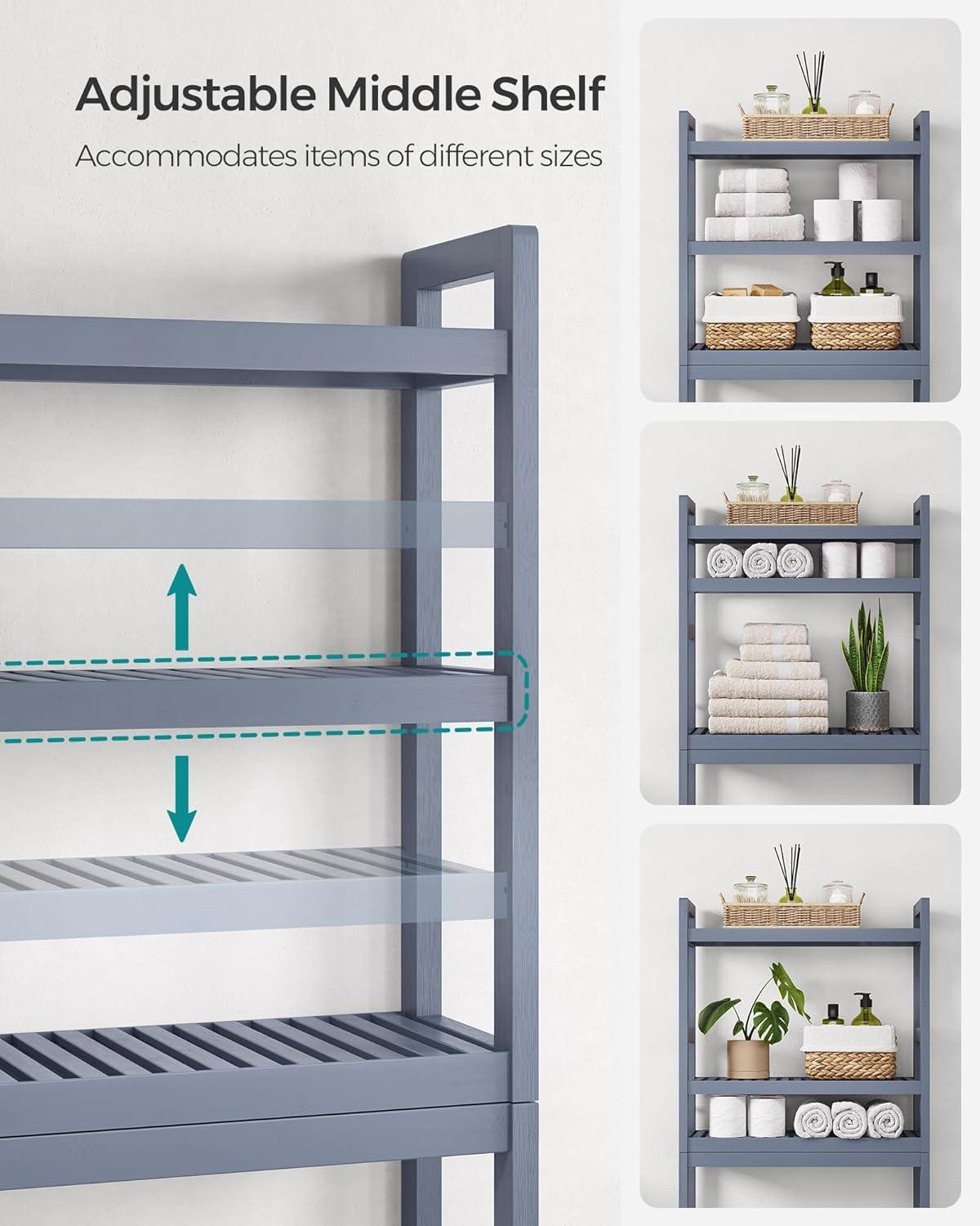 SONGMICS 3-Tier Over The Toilet Storage Bamboo Over Toilet Bathroom Organizer with Adjustable Shelf Grey