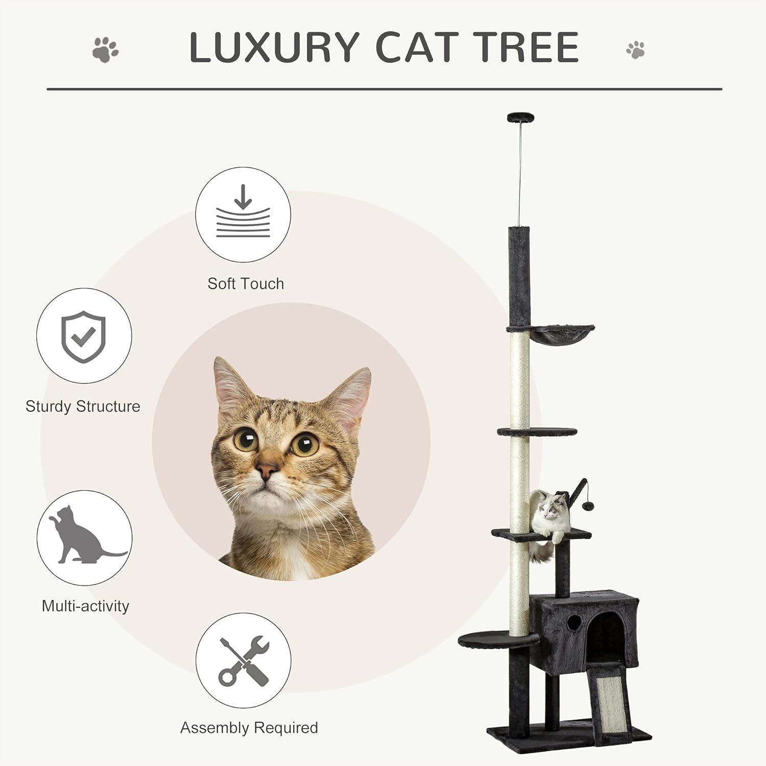 PawHut 106" Huge Cat Tree Kitty Activity Center Floor-to-Ceiling Cat Climbing Toy with Scratching Post Board Hammock Hanging Ball Dark Gray