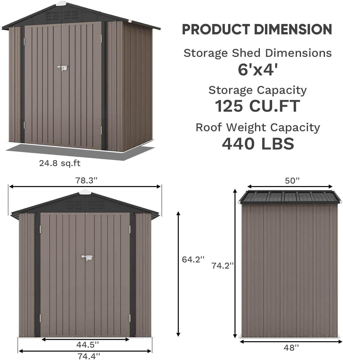 Brown and Black Metal 6x4 Outdoor Storage Shed with Double Doors